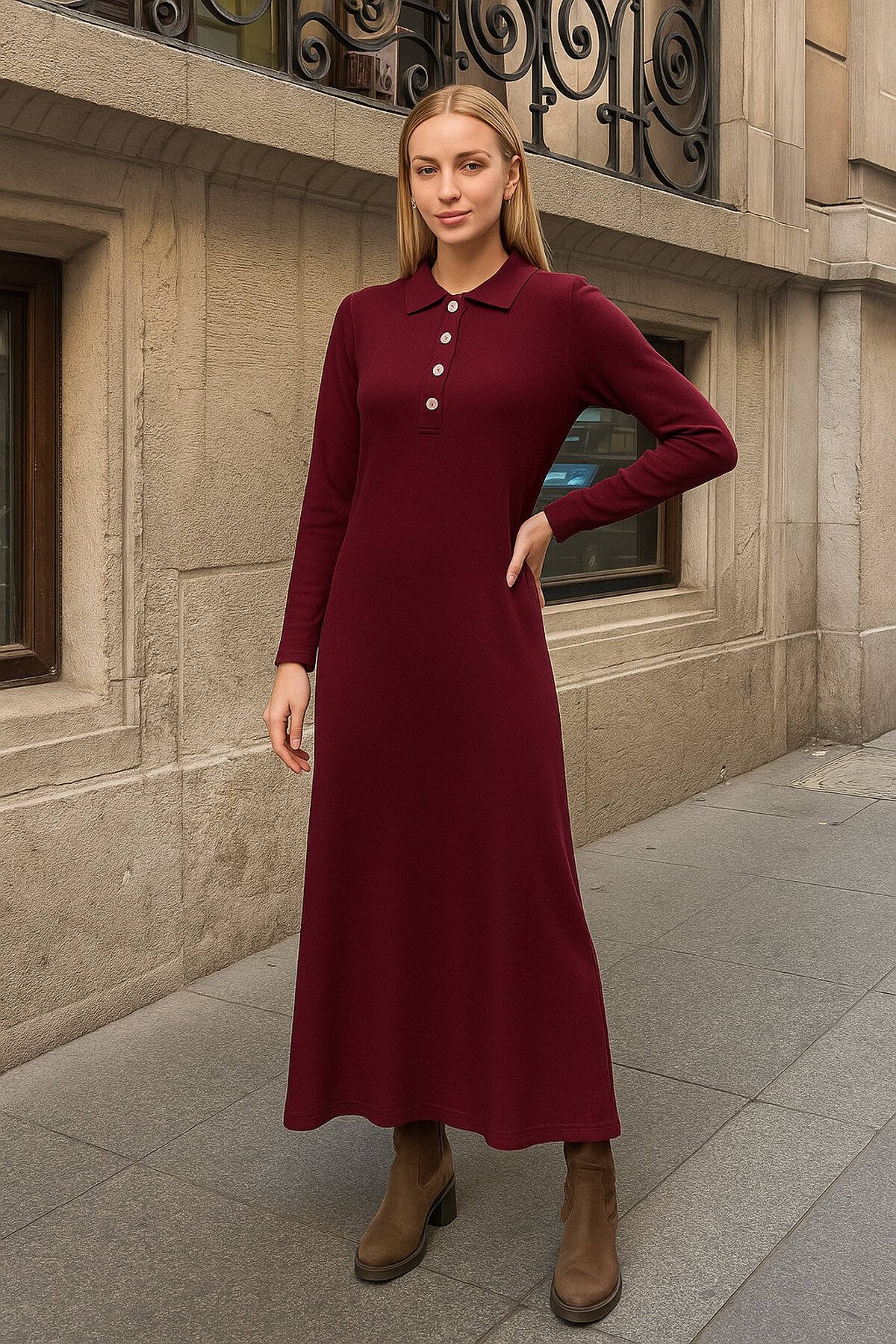 Kadın Uzun Kol Gömlek Yaka Triko Önden Düğmeli Triko Spor Şık Elbise