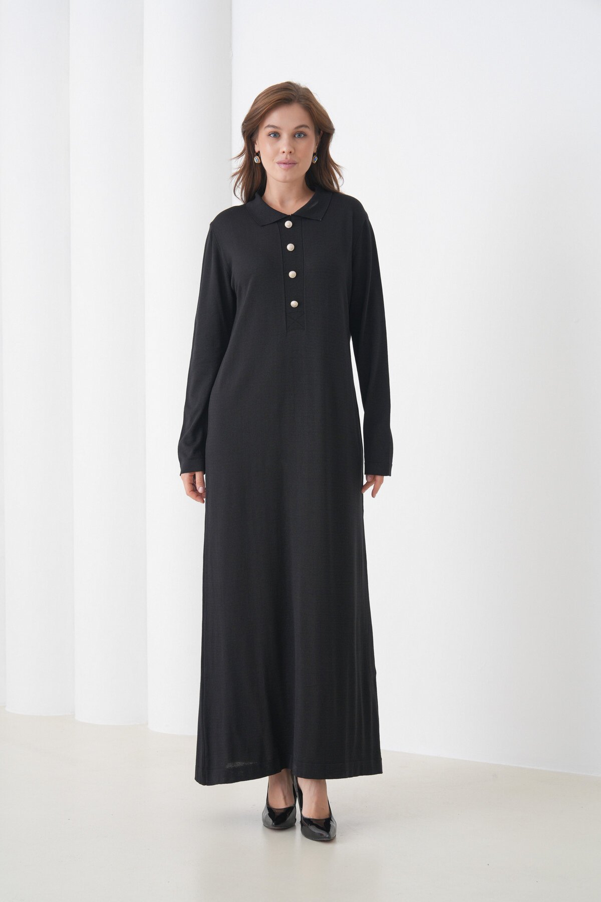 Kadın Uzun Kol Gömlek Yaka Triko Önden Düğmeli Triko Spor Şık Elbise