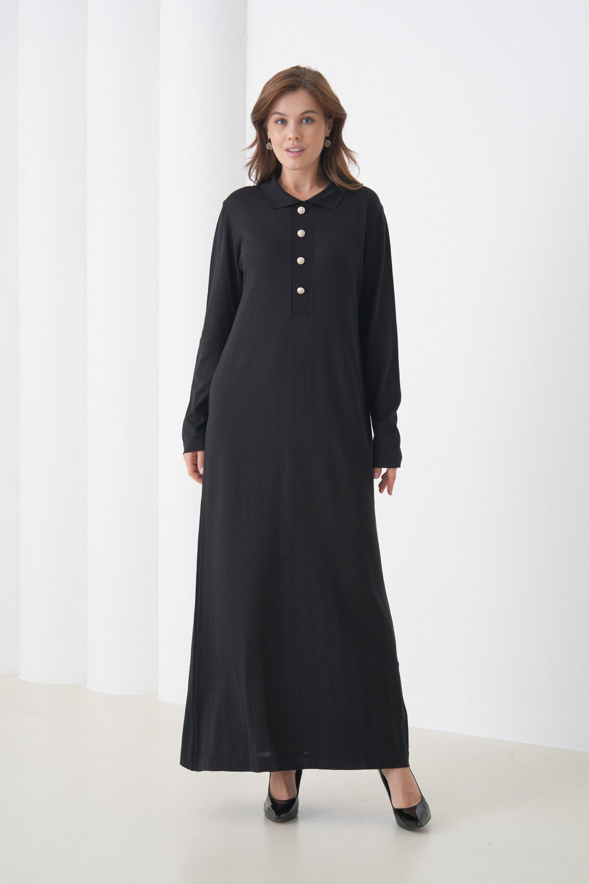 Kadın Uzun Kol Gömlek Yaka Triko Önden Düğmeli Triko Spor Şık Elbise