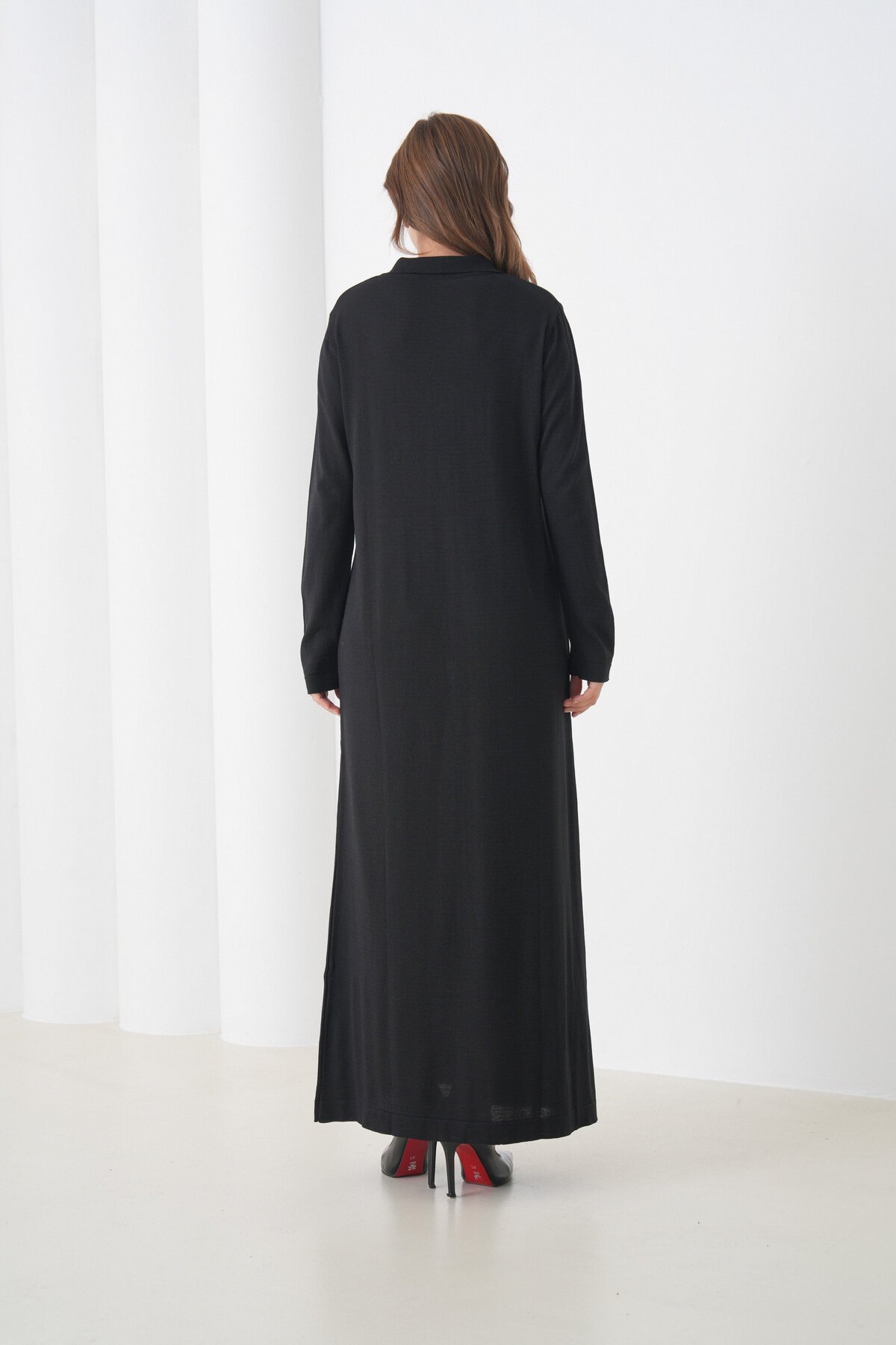 Kadın Uzun Kol Gömlek Yaka Triko Önden Düğmeli Triko Spor Şık Elbise