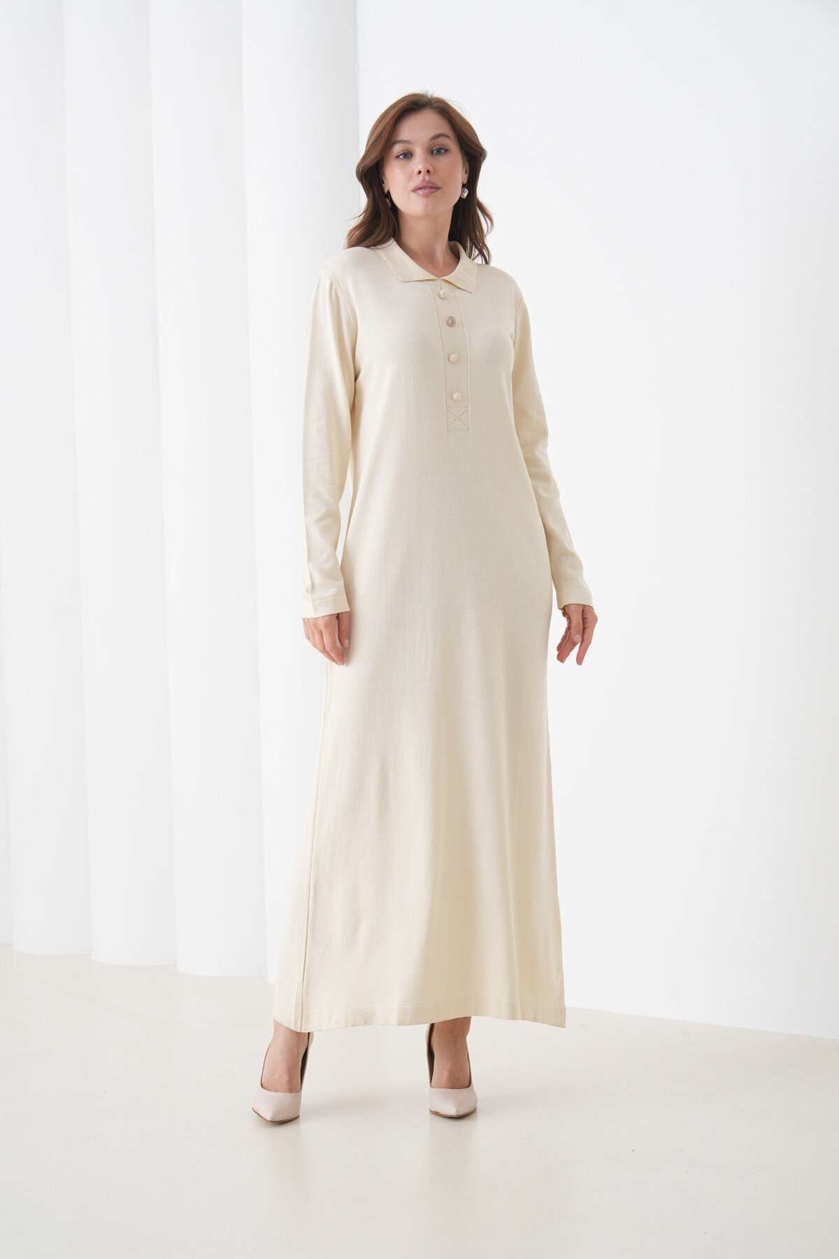 Kadın Uzun Kol Gömlek Yaka Triko Önden Düğmeli Triko Spor Şık Elbise