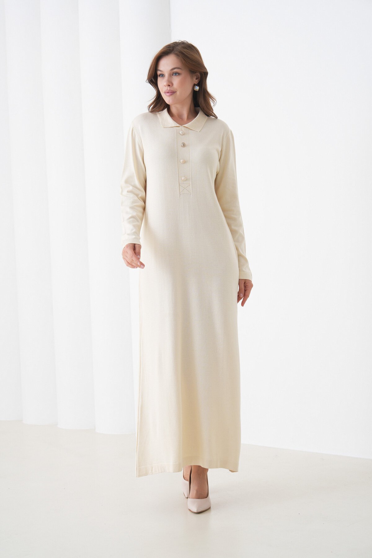 Kadın Uzun Kol Gömlek Yaka Triko Önden Düğmeli Triko Spor Şık Elbise