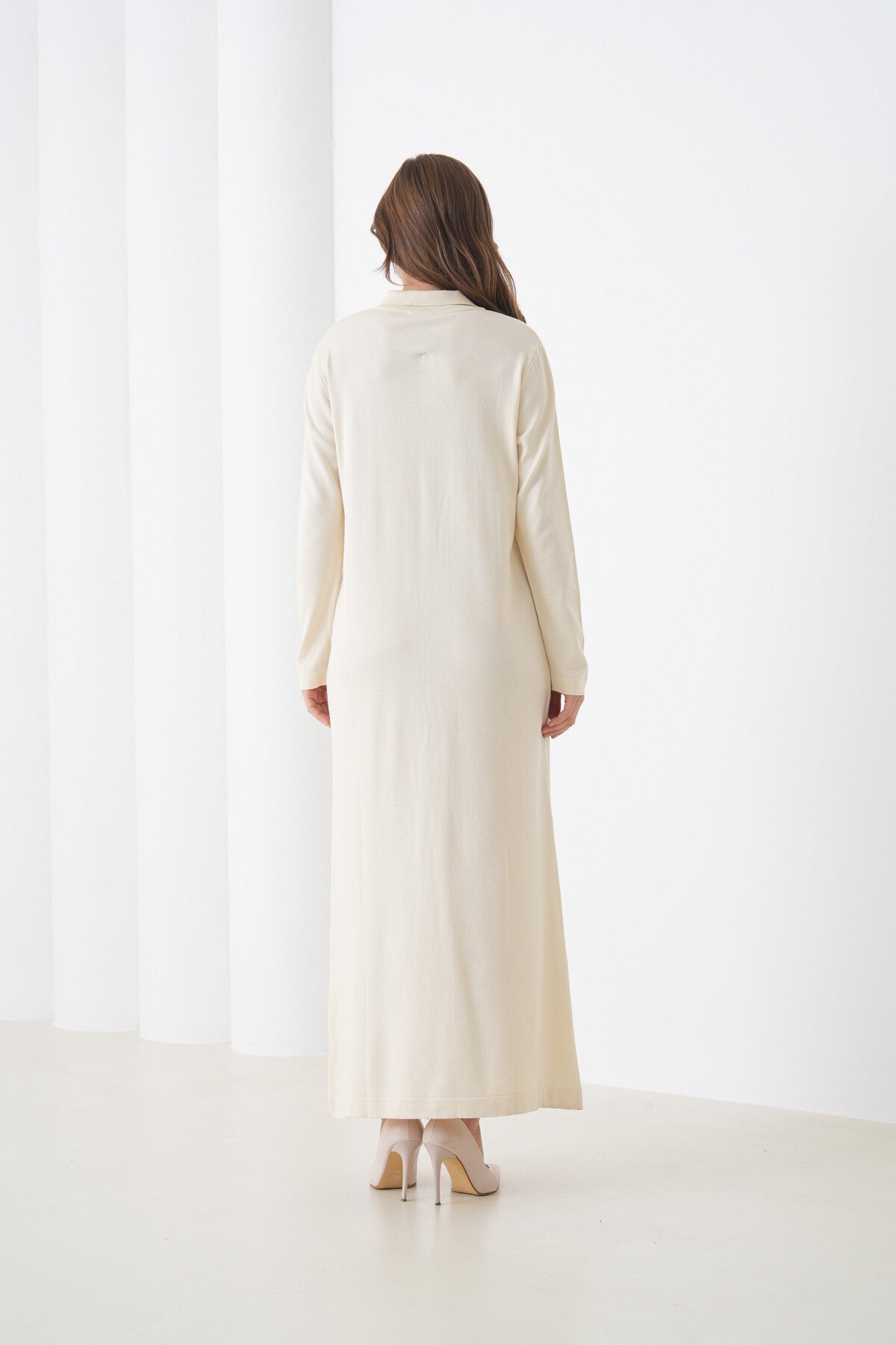 Kadın Uzun Kol Gömlek Yaka Triko Önden Düğmeli Triko Spor Şık Elbise