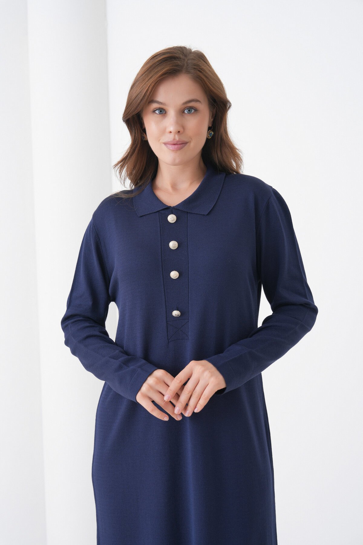 Kadın Uzun Kol Gömlek Yaka Triko Önden Düğmeli Triko Spor Şık Elbise