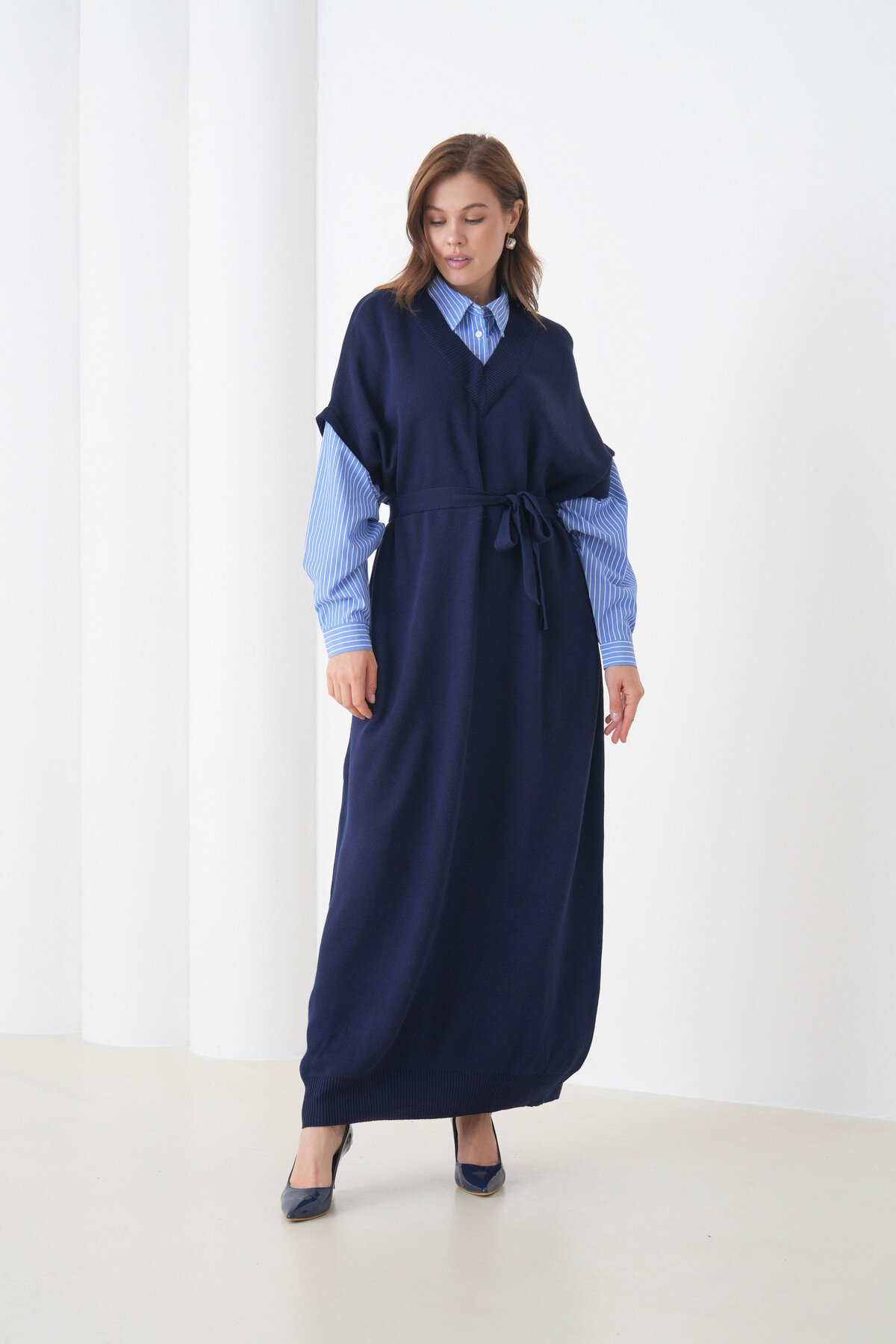 Kadın Uzun Kol Gömlek Yaka İçi Gömlekli Triko Kuşaklı Triko Spor Şık Elbise