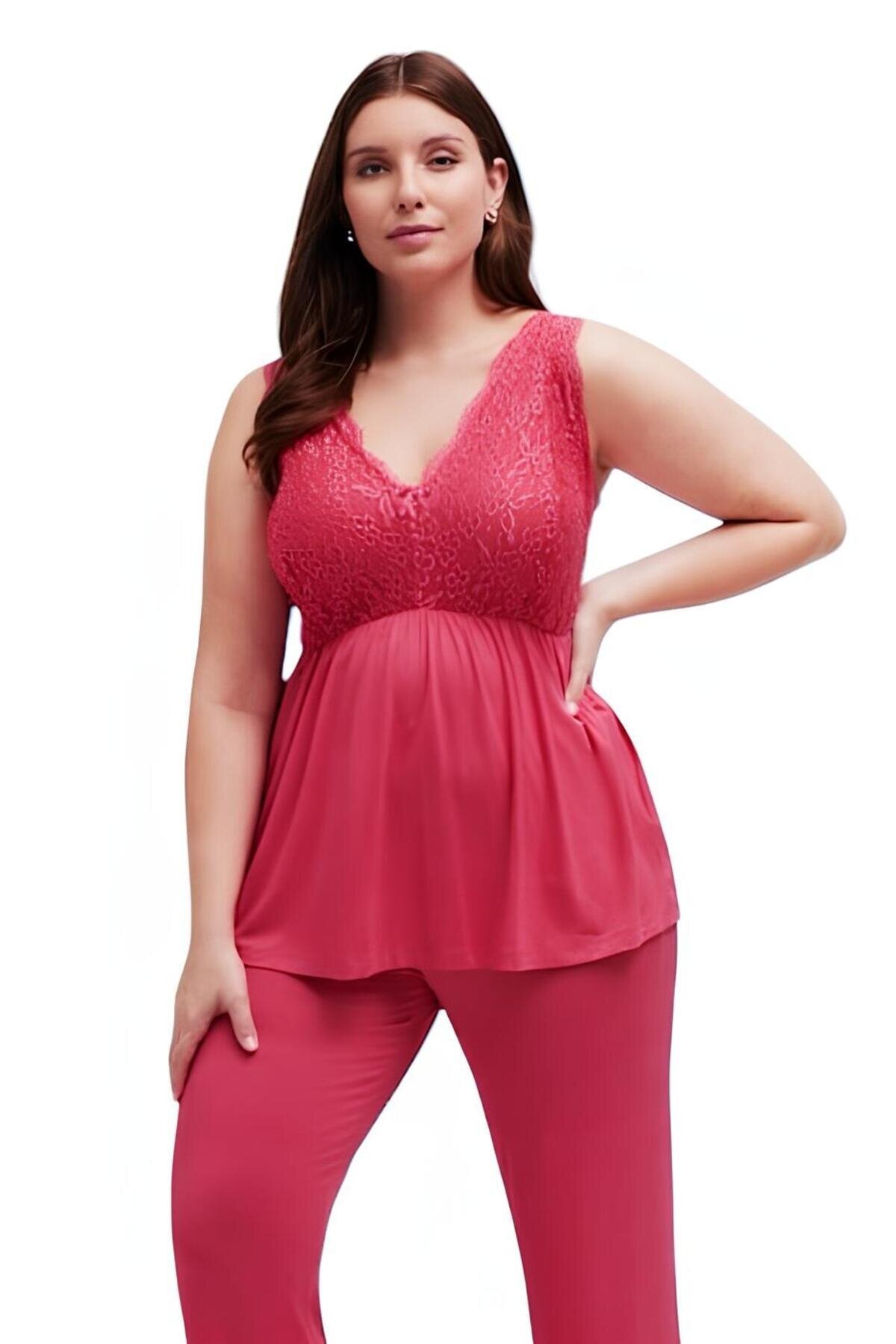 Kadın V Yaka Dantel Detay Askılı Şık Büyük Beden Curve Viskon Gecelik Bluz