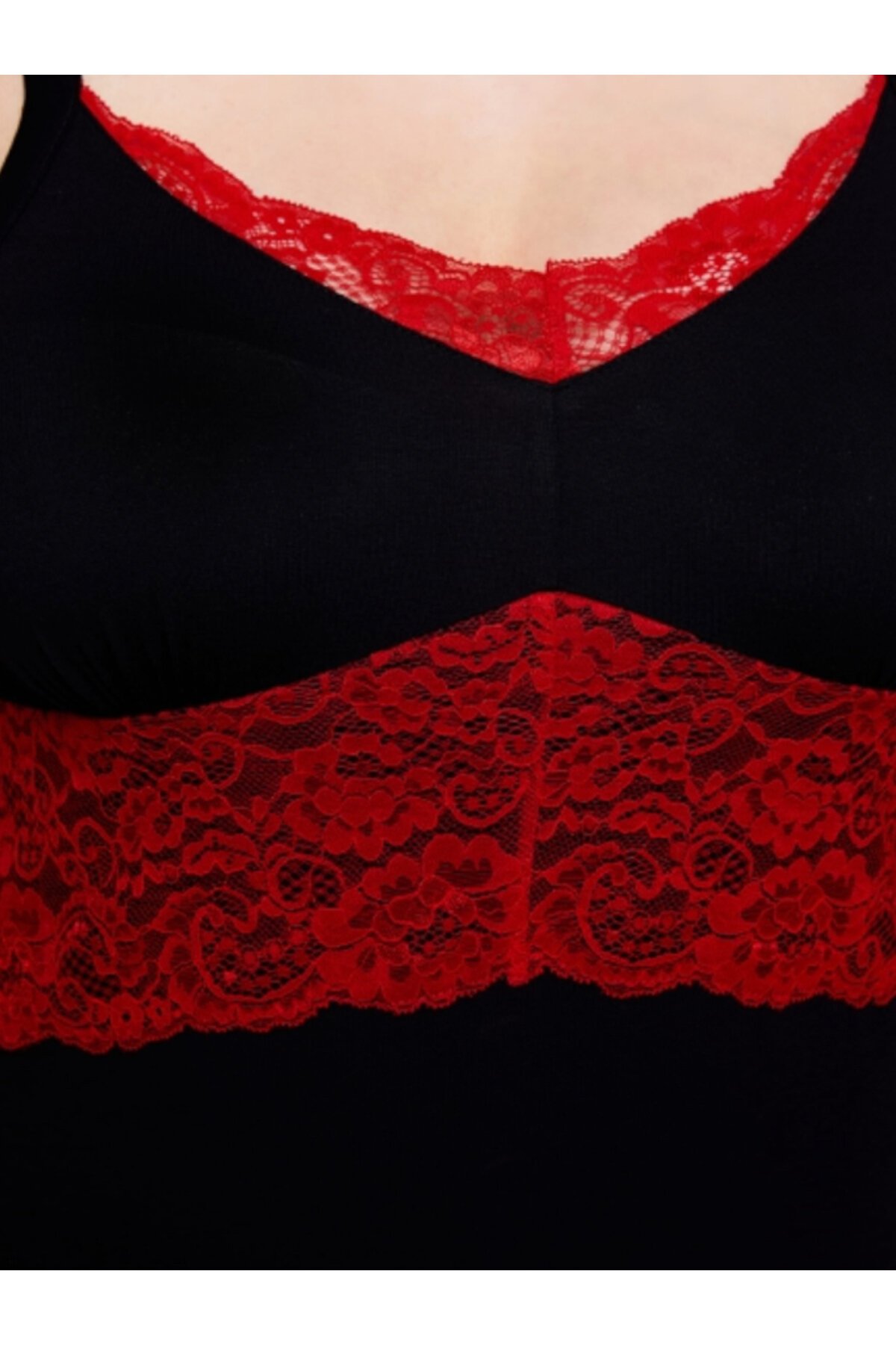 Kadın V Yaka Dantel Detay Askılı Şık Uzun Büyük Beden Curve Viskon Gecelik Elbise