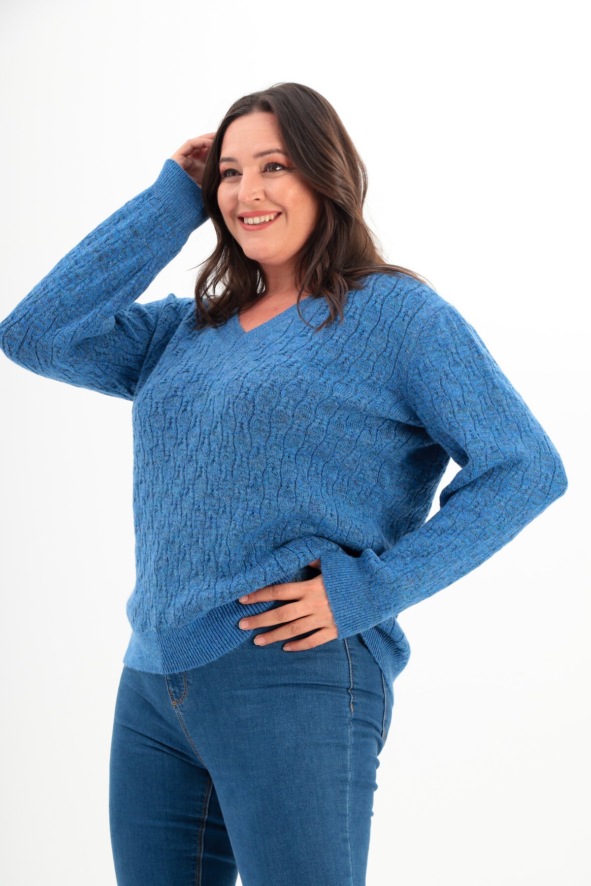 Kadın V Yaka Dokulu Büyük Beden Uzun Kol Rahat Kalıp Curve Spor Şık Kışlık Kazak