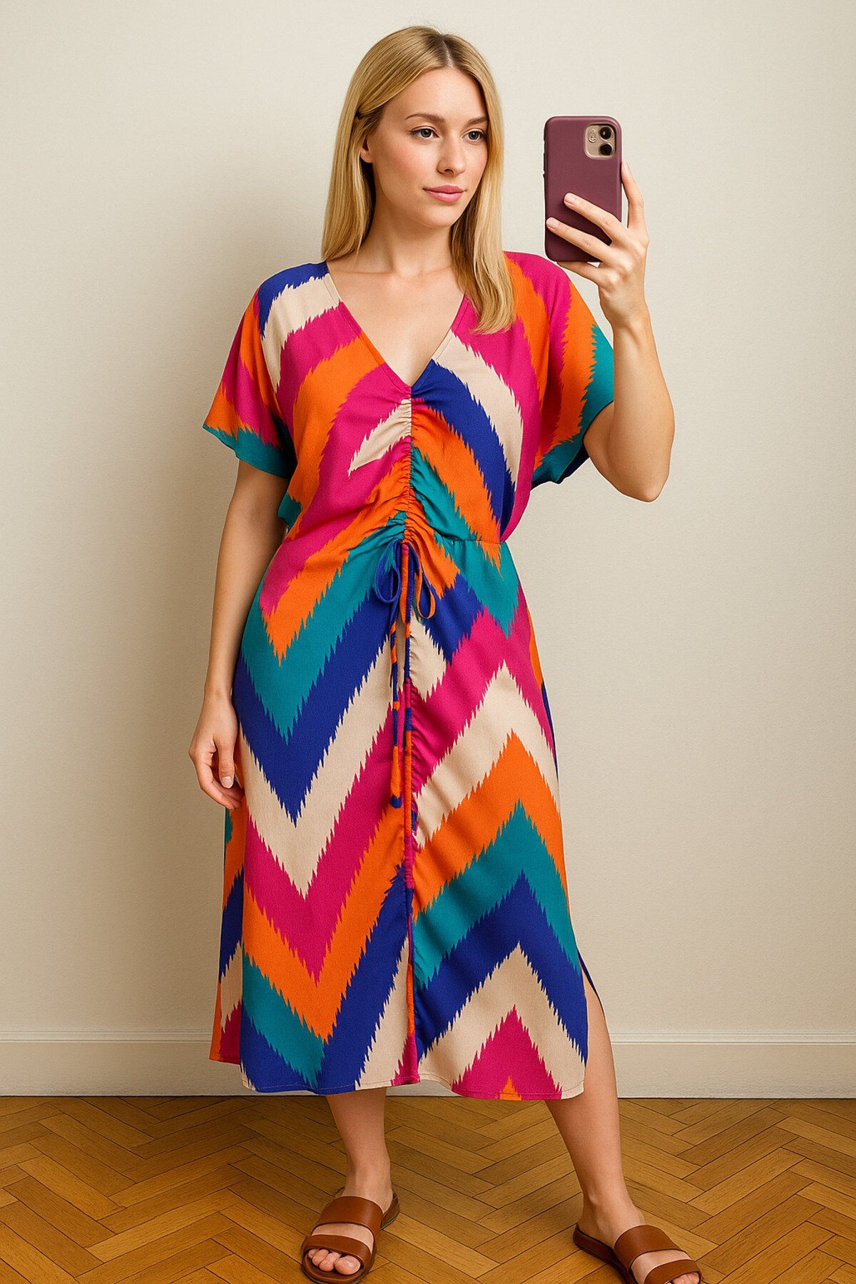 Kadın V Yaka Önden Büzgülü Yarım Kol %100 Viskoz Desenli Spor Şık Büyük Beden Curve Yazlık Elbise