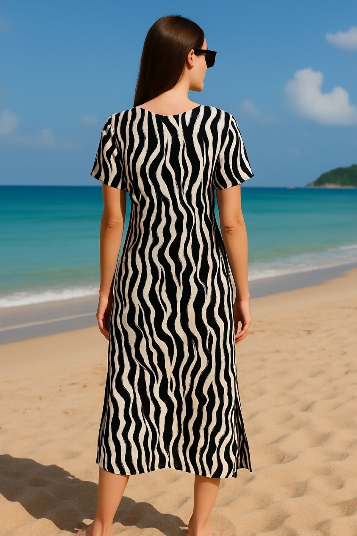 Kadın V Yaka Önden Büzgülü Yarım Kol %100 Viskoz Desenli Spor Şık Büyük Beden Curve Yazlık Elbise