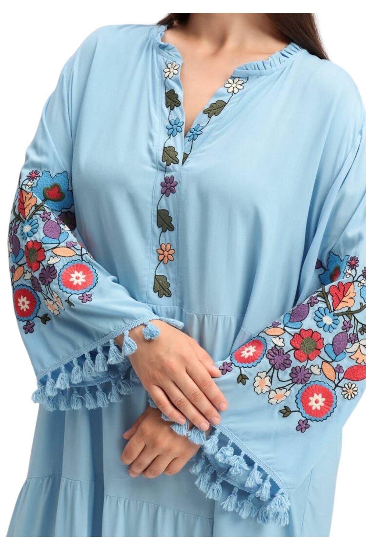 Kadın V Yaka Uzun Kol Çiçek Nakışlı Tesettüre Uygun Curve Büyük Beden Maxi Elbise