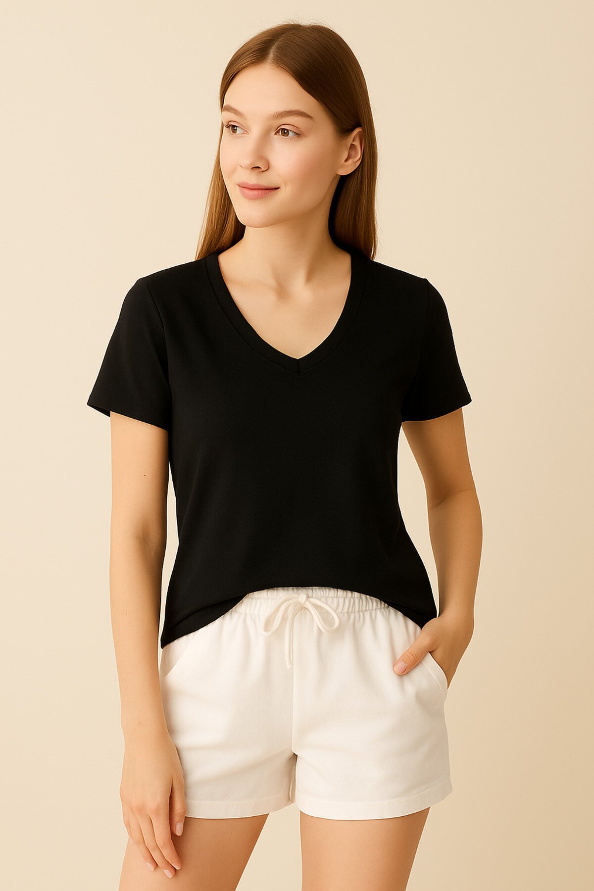 Kadın V Yaka Yarım Kol Basic Günlük Pamuk Düz Yazlık Tshirt Rahat Bluz