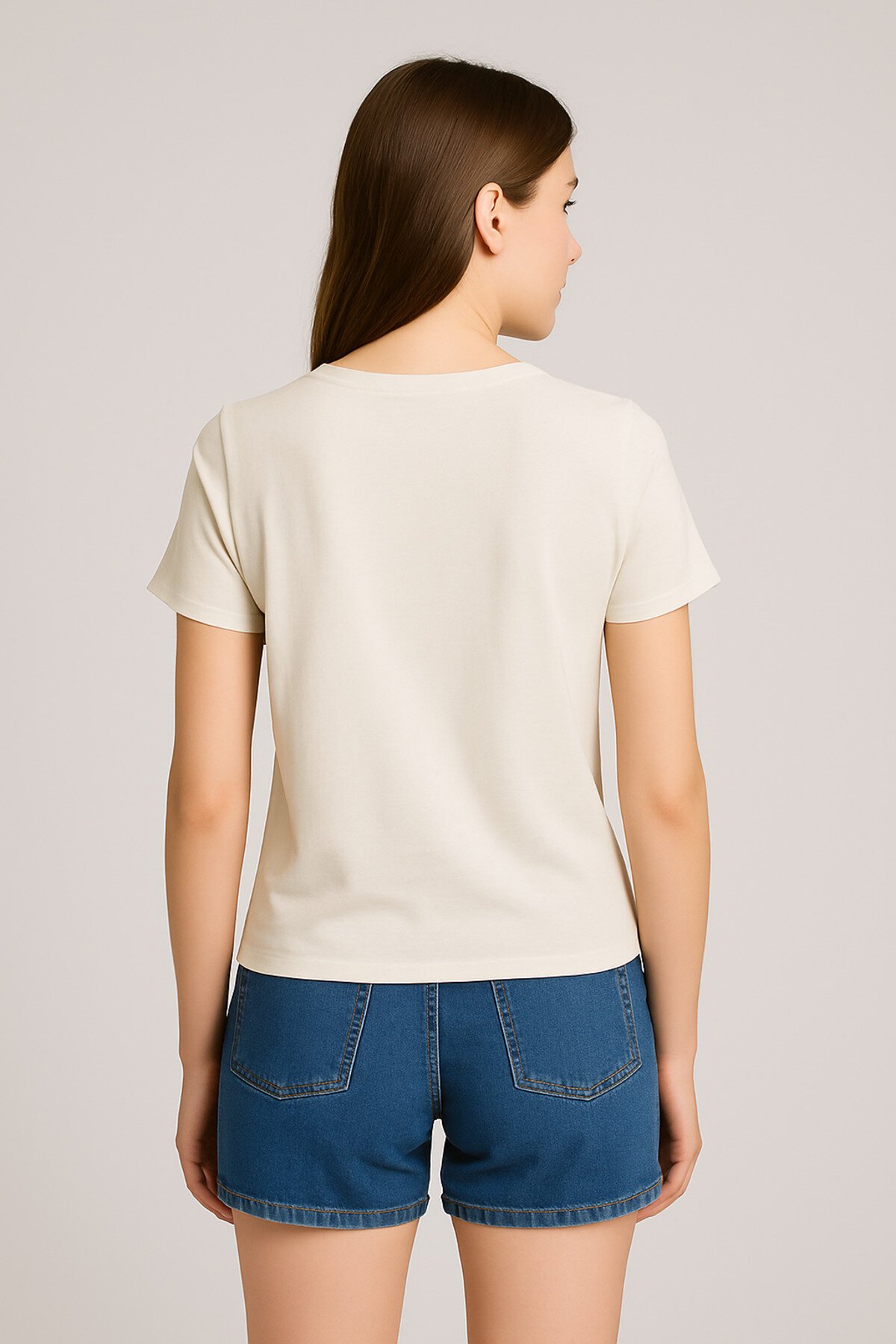 Kadın V Yaka Yarım Kol Basic Günlük Pamuk Düz Yazlık Tshirt Rahat Bluz