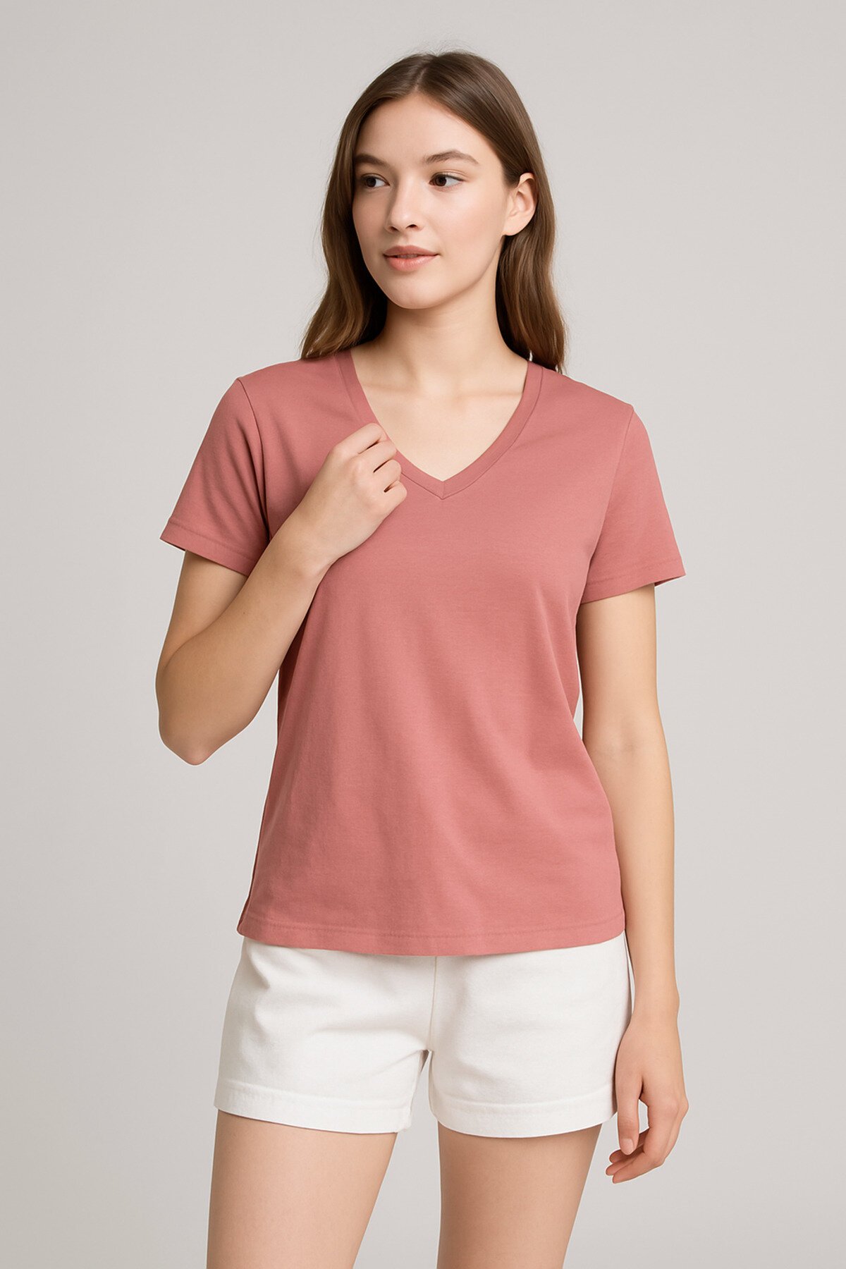 Kadın V Yaka Yarım Kol Basic Günlük Pamuk Düz Yazlık Tshirt Rahat Bluz