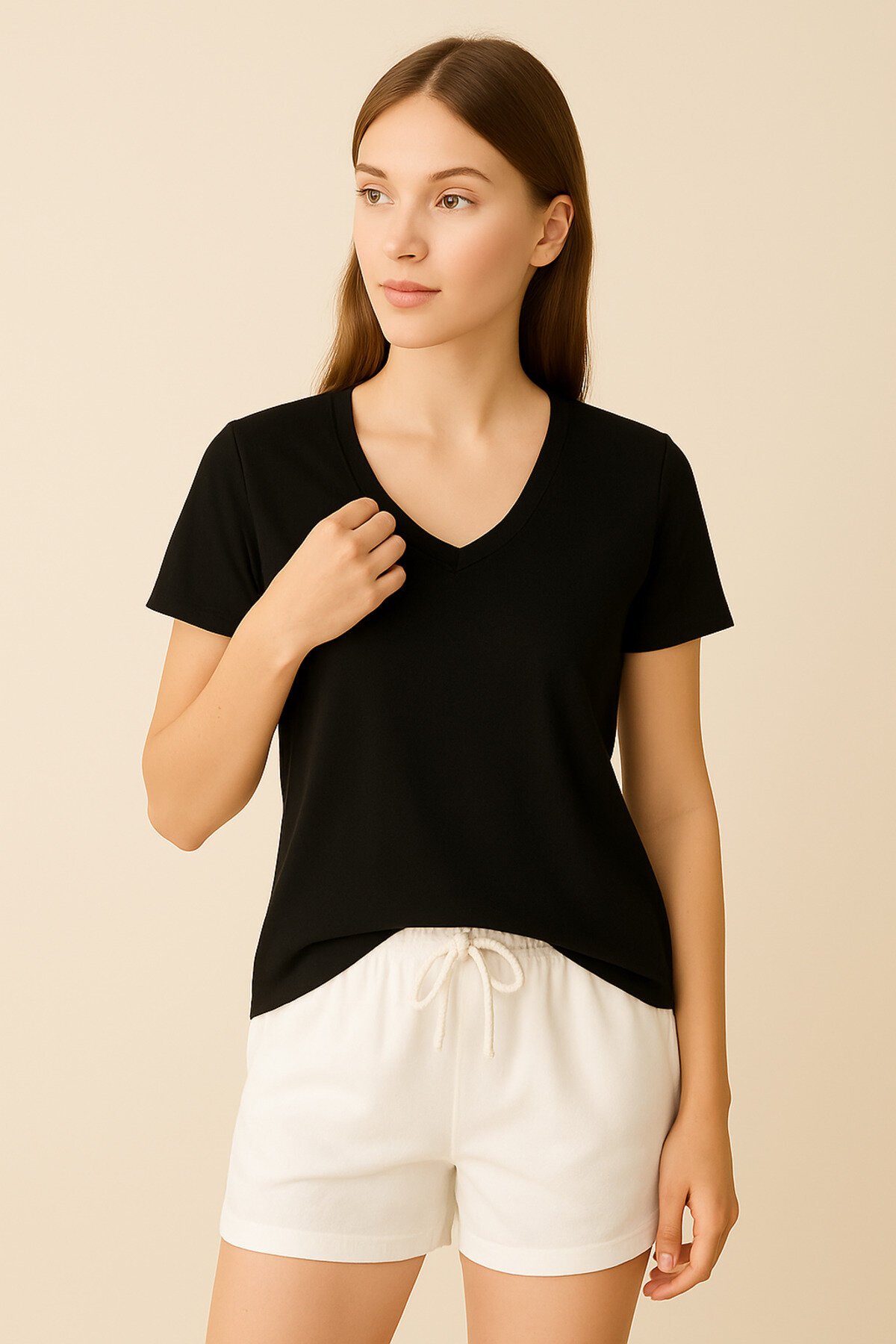 Kadın V Yaka Yarım Kol Basic Günlük Pamuk Düz Yazlık Tshirt Rahat Bluz