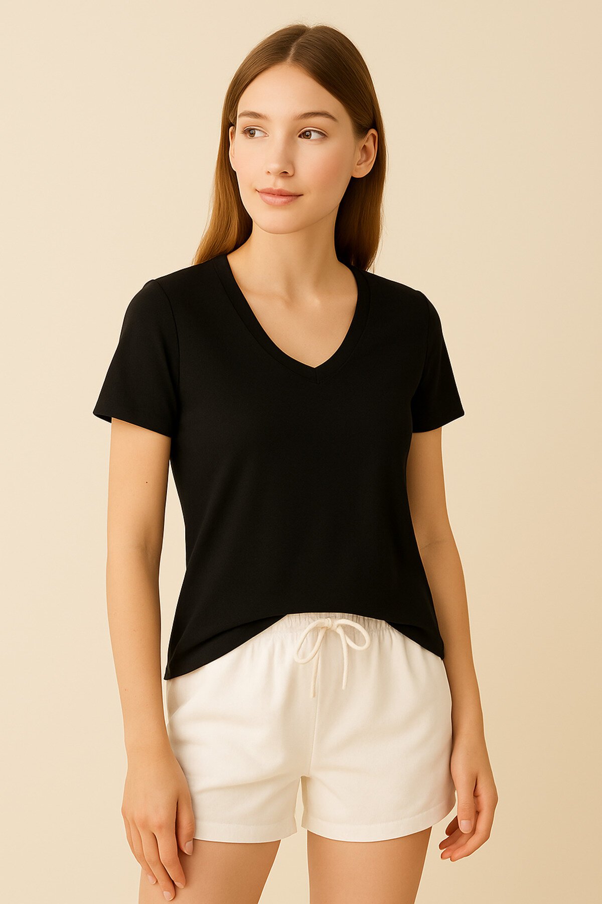 Kadın V Yaka Yarım Kol Basic Günlük Pamuk Düz Yazlık Tshirt Rahat Bluz