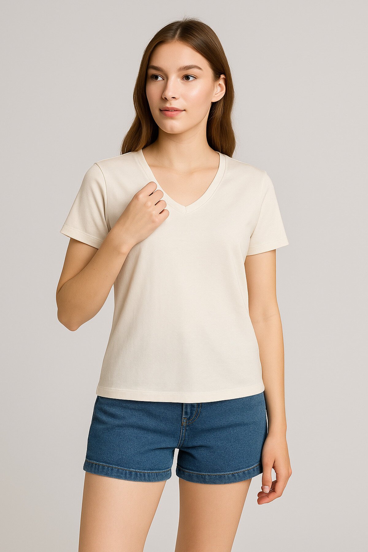 Kadın V Yaka Yarım Kol Basic Günlük Pamuk Düz Yazlık Tshirt Rahat Bluz