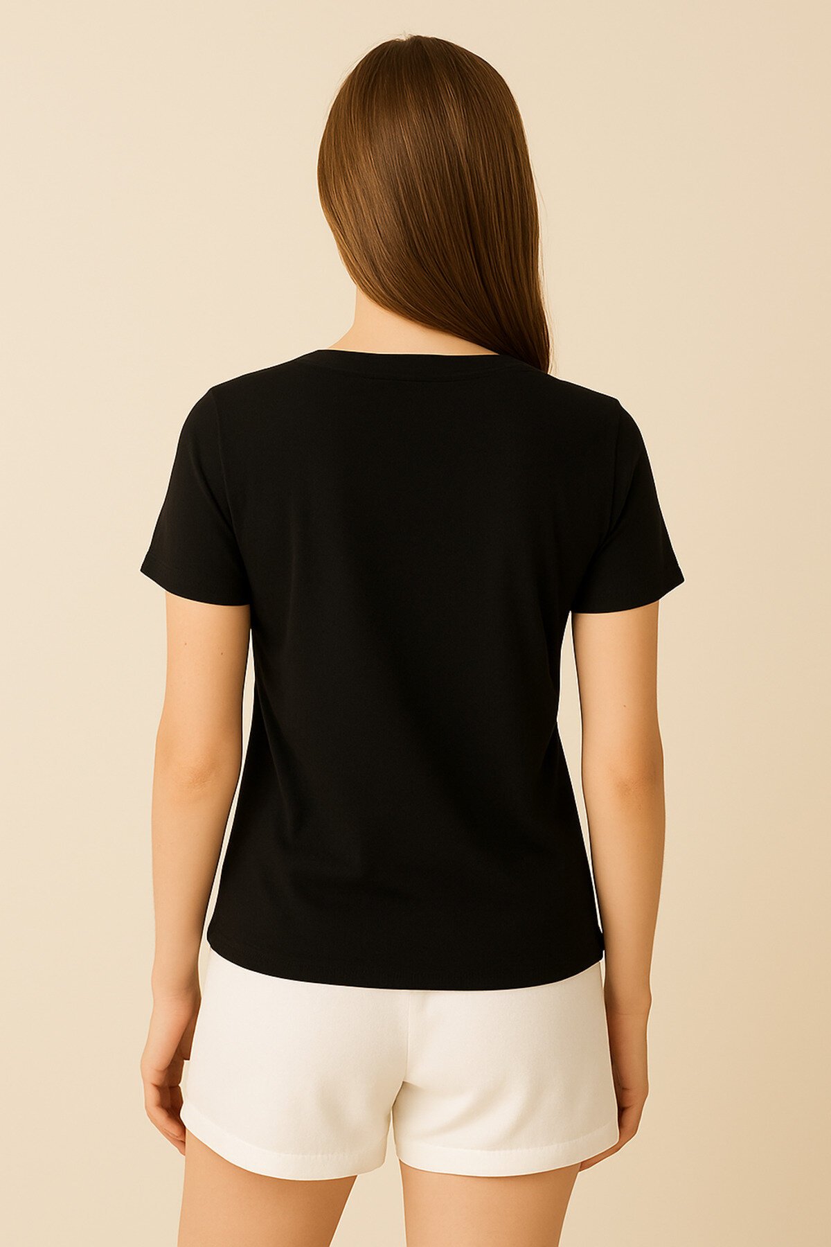 Kadın V Yaka Yarım Kol Basic Günlük Pamuk Düz Yazlık Tshirt Rahat Bluz