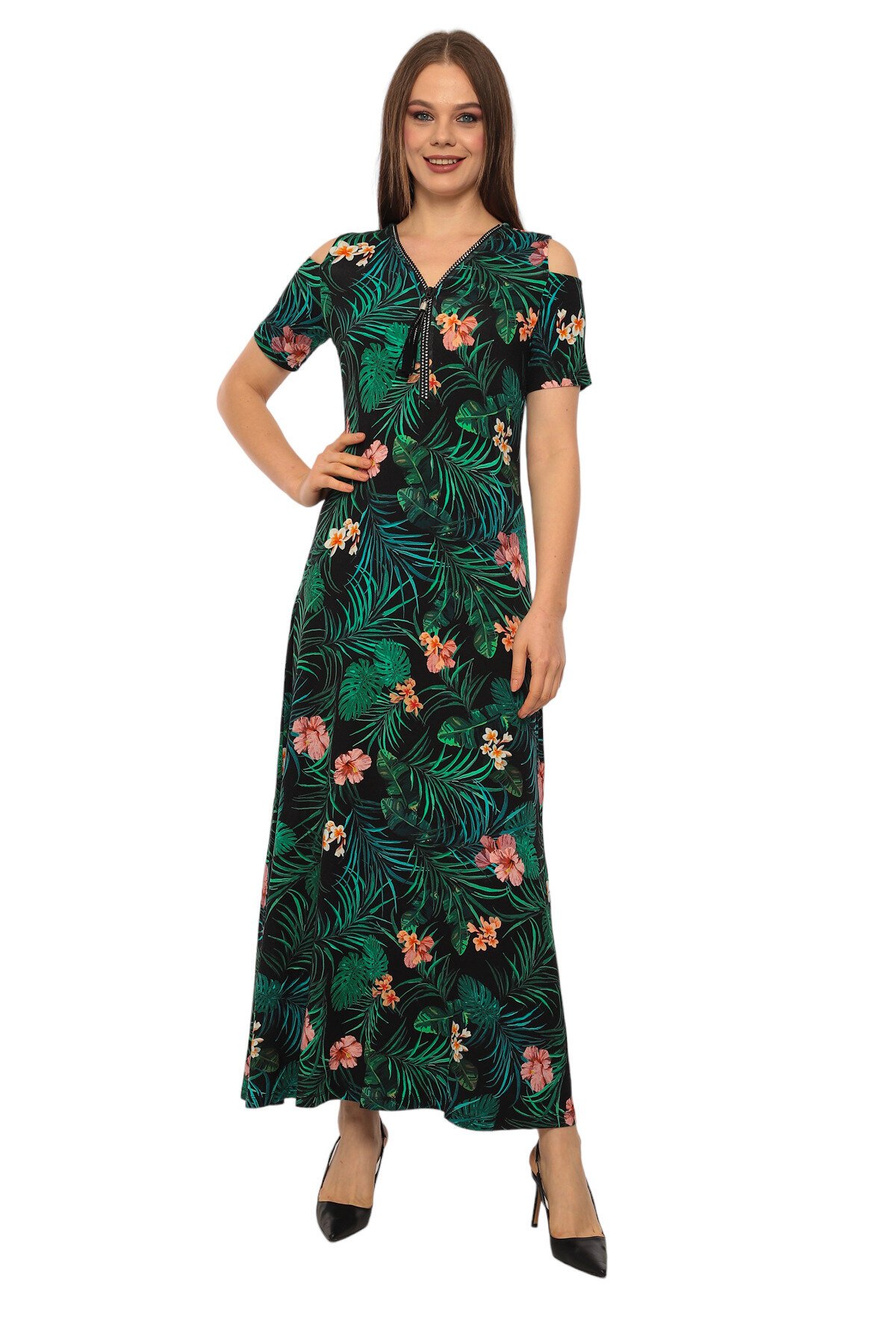 Kadın Yaka Taşlı Fermuarlı Spor Şık Maxi Boy Viskon Siyah Yeşil Curve Elbise