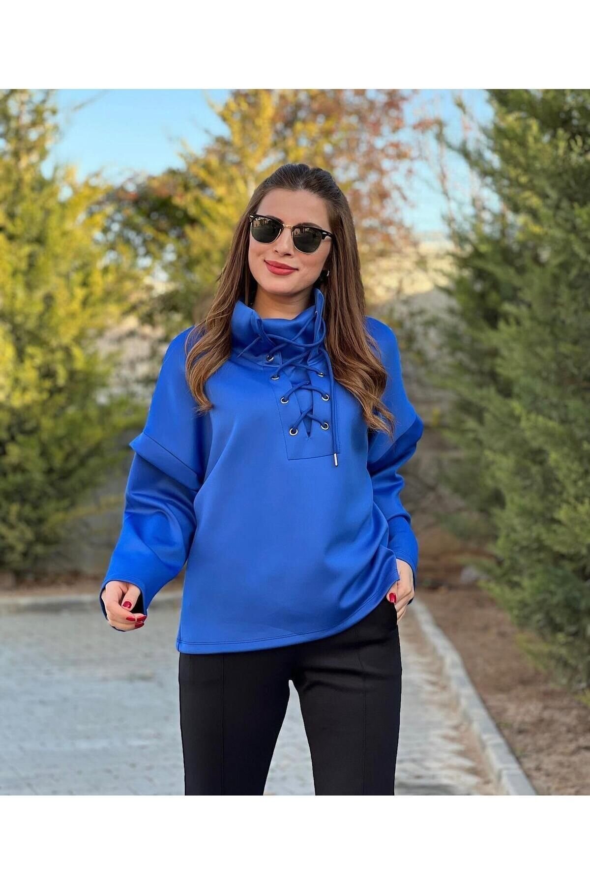 Kadın Yakası Bağcıklı Scuba Oversize Spor Şık Tasarım Sweatshirt