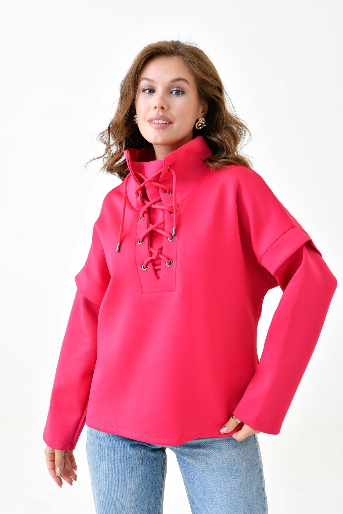 Kadın Yakası Bağcıklı Scuba Oversize Spor Şık Tasarım Sweatshirt