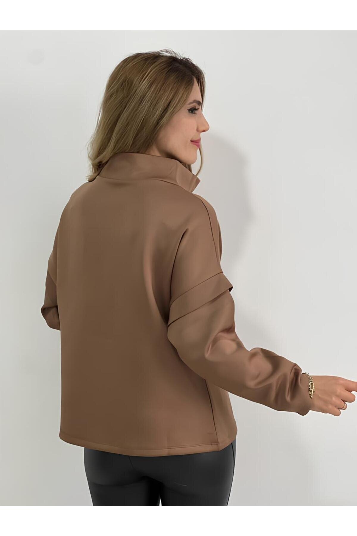 Kadın Yakası Bağcıklı Scuba Oversize Spor Şık Tasarım Sweatshirt