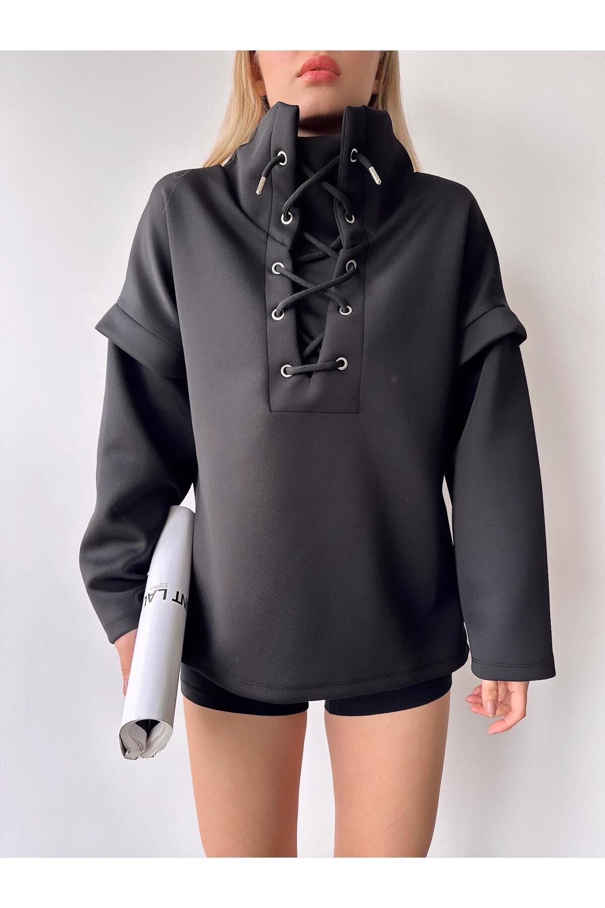 Kadın Yakası Bağcıklı Scuba Siyah Tasarım Sweatshirt