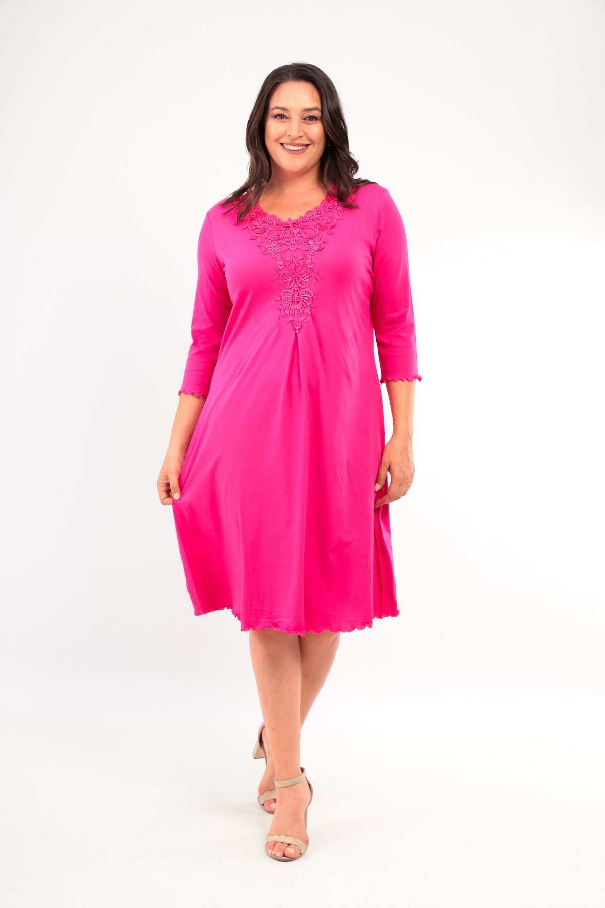 Kadın Yakası Güpürlü A Kesim Yarım Kol Viskon Günlük Midi Boy Büyük Beden Elbise Gecelik