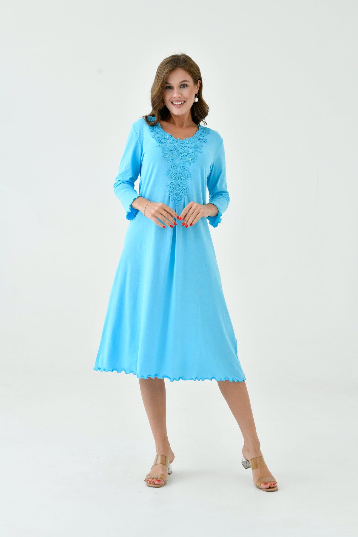 Kadın Yakası Güpürlü A Kesim Yarım Kol Viskon Günlük Midi Boy Büyük Beden Elbise Gecelik