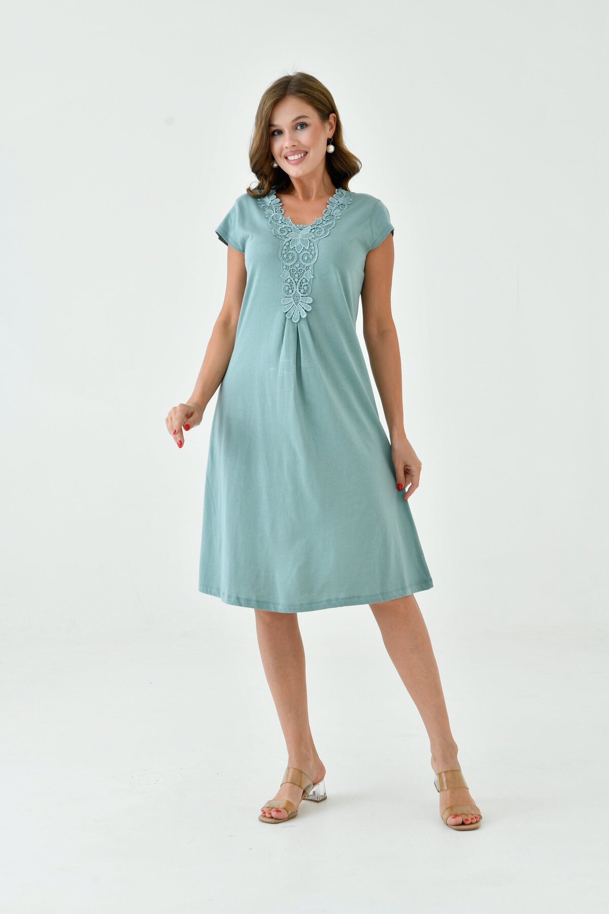 Kadın Yakası Güpürlü A Kesim Yarım Kol Viskon Günlük Midi Boy Büyük Beden Elbise Gecelik