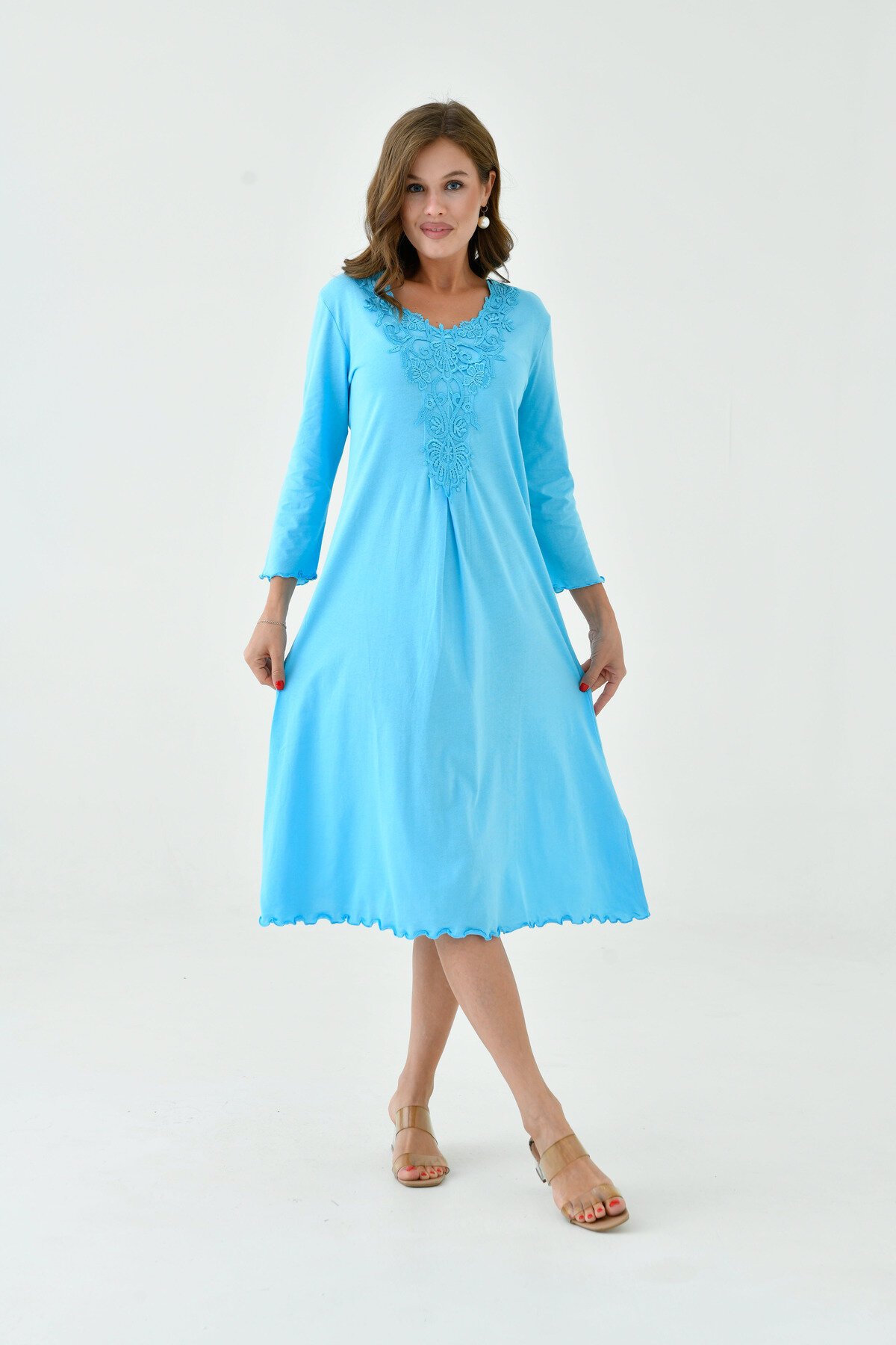 Kadın Yakası Güpürlü A Kesim Yarım Kol Viskon Günlük Midi Boy Büyük Beden Elbise Gecelik