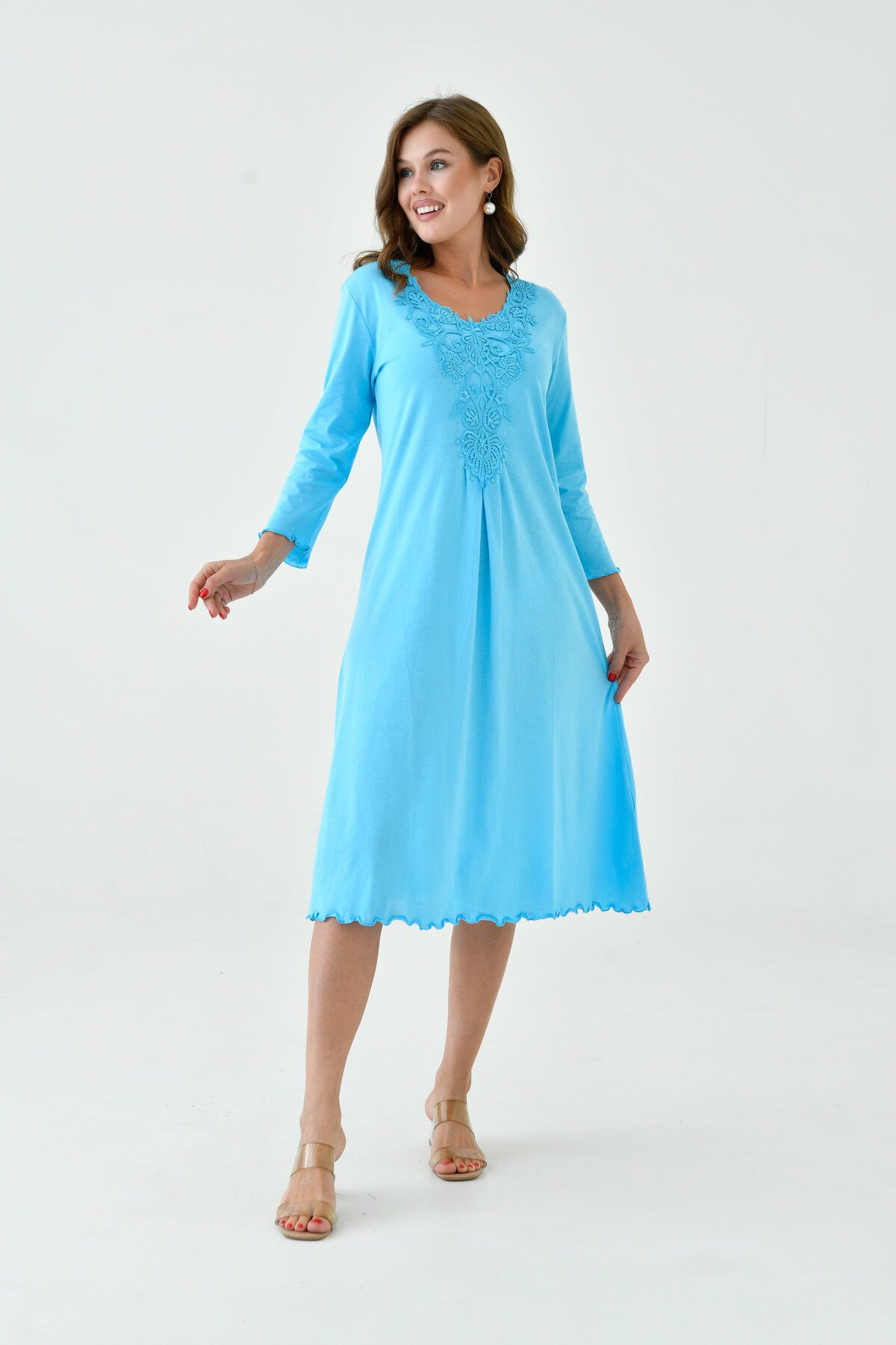 Kadın Yakası Güpürlü A Kesim Yarım Kol Viskon Günlük Midi Boy Büyük Beden Elbise Gecelik