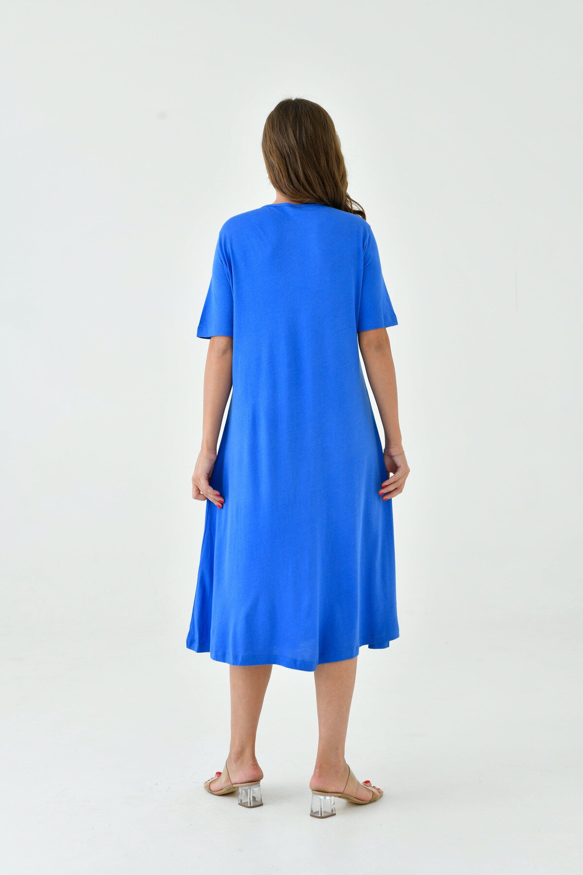 Kadın Yakası Güpürlü A Kesim Yarım Kol Viskon Günlük Midi Boy Büyük Beden Elbise Gecelik