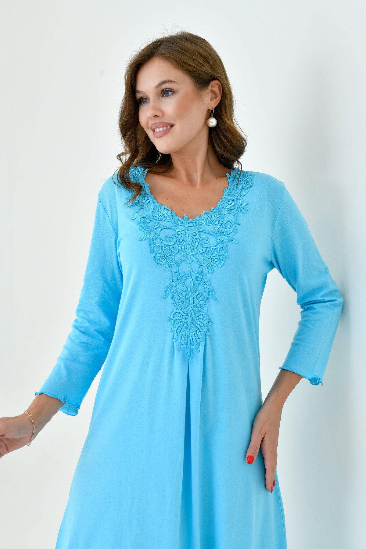 Kadın Yakası Güpürlü A Kesim Yarım Kol Viskon Günlük Midi Boy Büyük Beden Elbise Gecelik