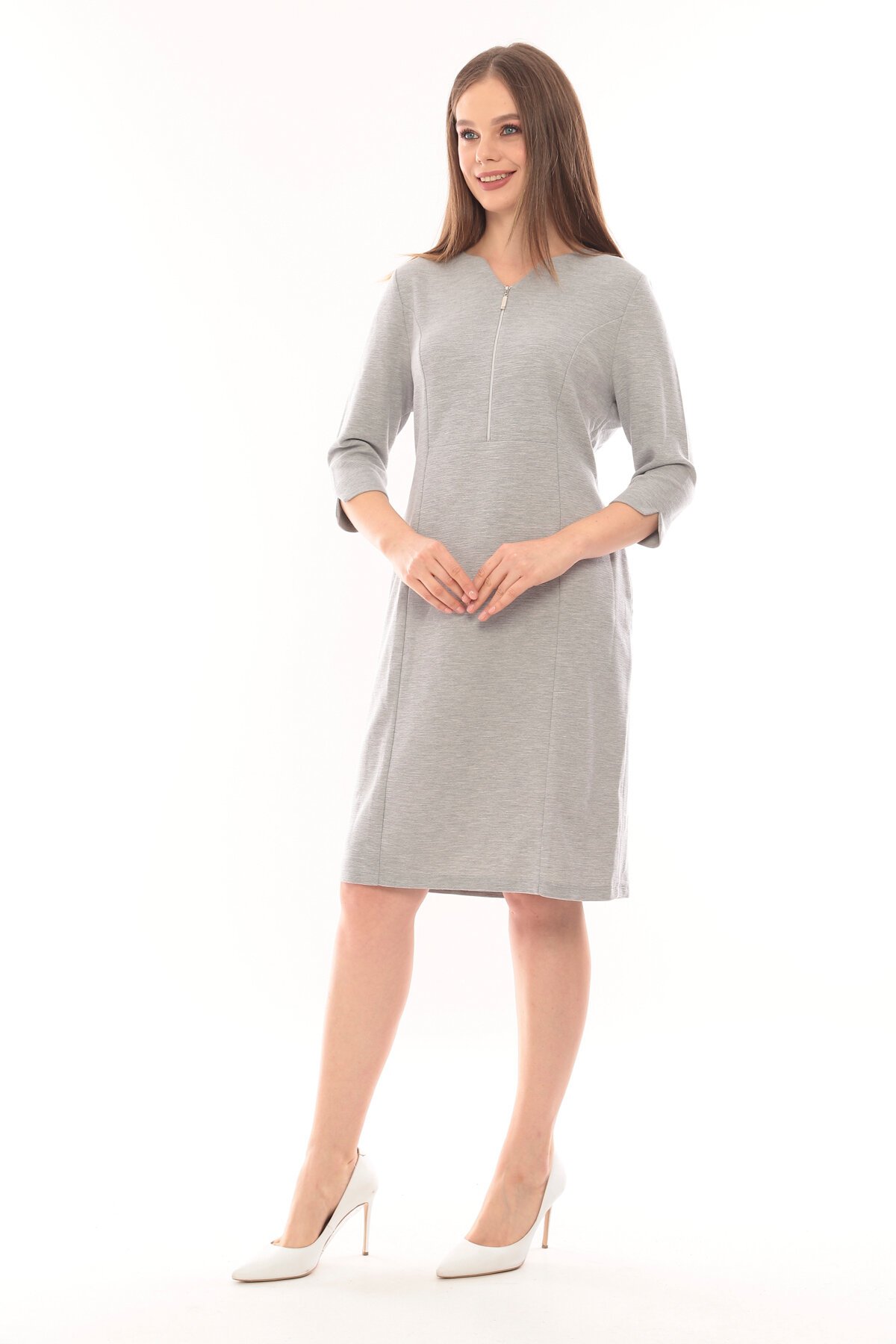 Kadın Yakası Yarım Fermuarlı Truvakar Kol Büyük Beden Curve Günlük Elbise