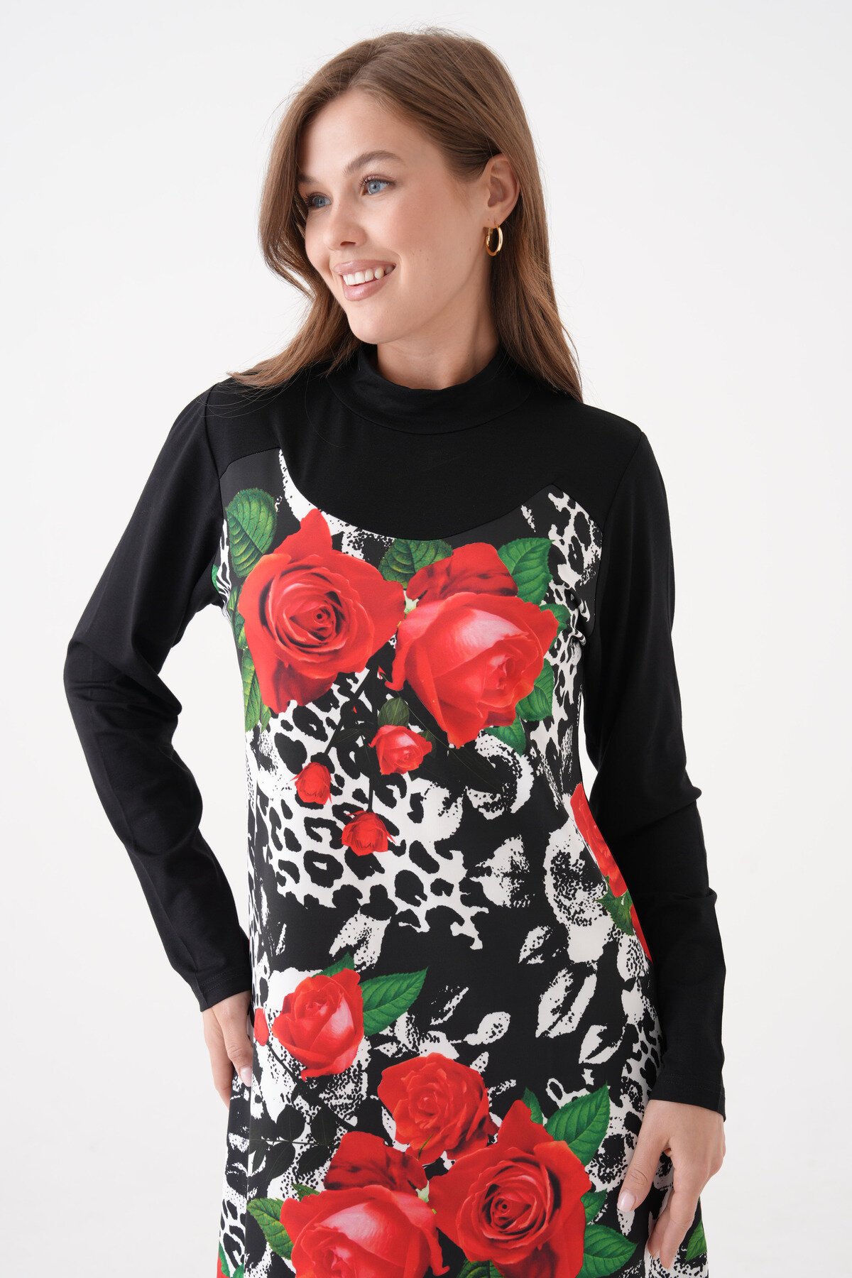 Kadın Yarım Balıkçı Uzun Kol Çiçek Desen Viskon Şık Tesettüre Uygun Tunik Curve Büyük Beden Elbise