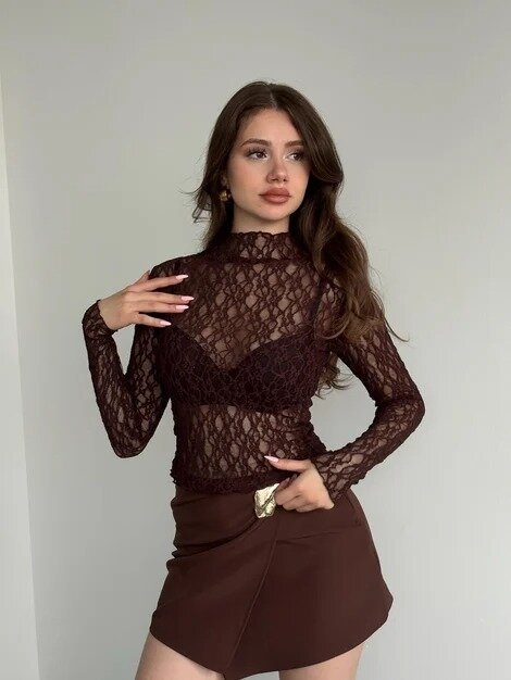 Kadın Yarım Balıkçı Yaka Full Esnek Dantel Bürümcük Spor Şık Tasarım Gece Bluzu