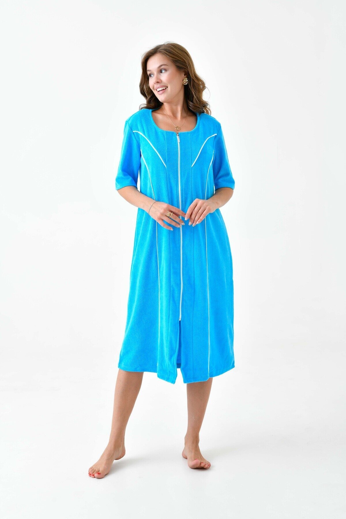 Kadın Yarım Kısa Kol Fermuarlı U Yaka Rahat Kalıp Büyük Beden Curve Ev Plaj Midi Havlu Elbise