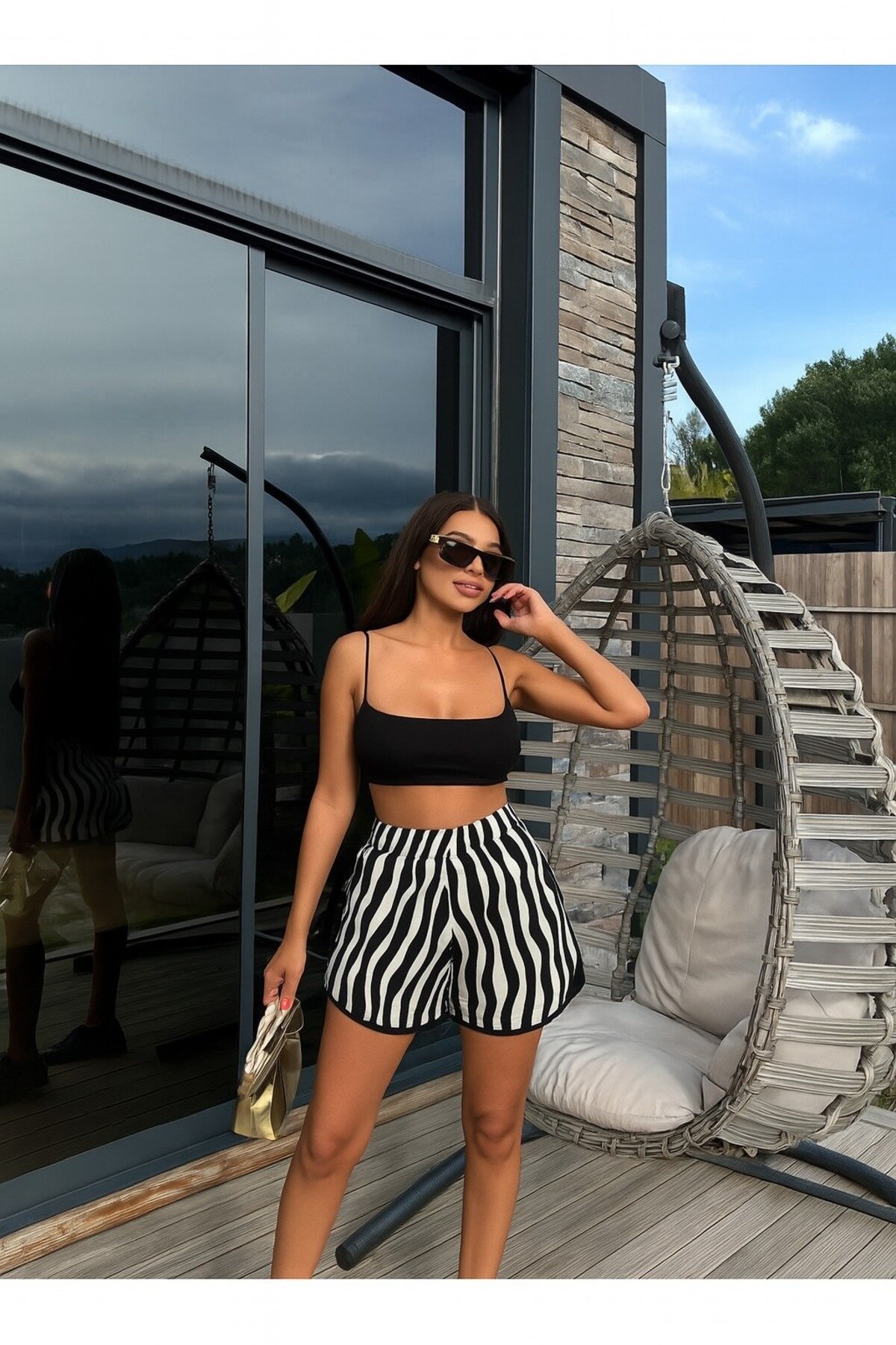 Kadın Yüksek Bel Beli Lastikli Desenli Etek Görünümlü Spor Şık Şort