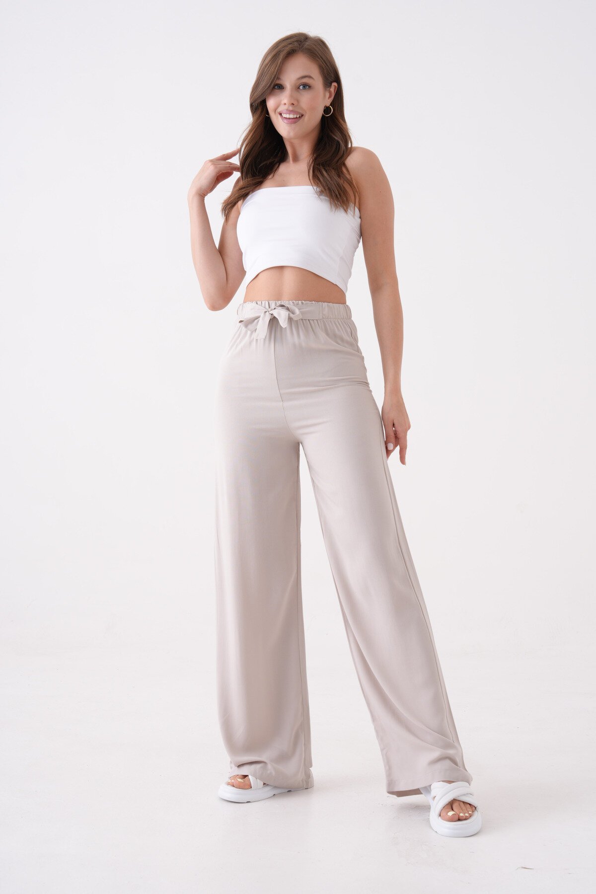 Kadın Yüksek Bel Kuşaklı %100 Viscose Pamuk Geniş Paça Şık Casual Büyük Beden Curve Pantolon