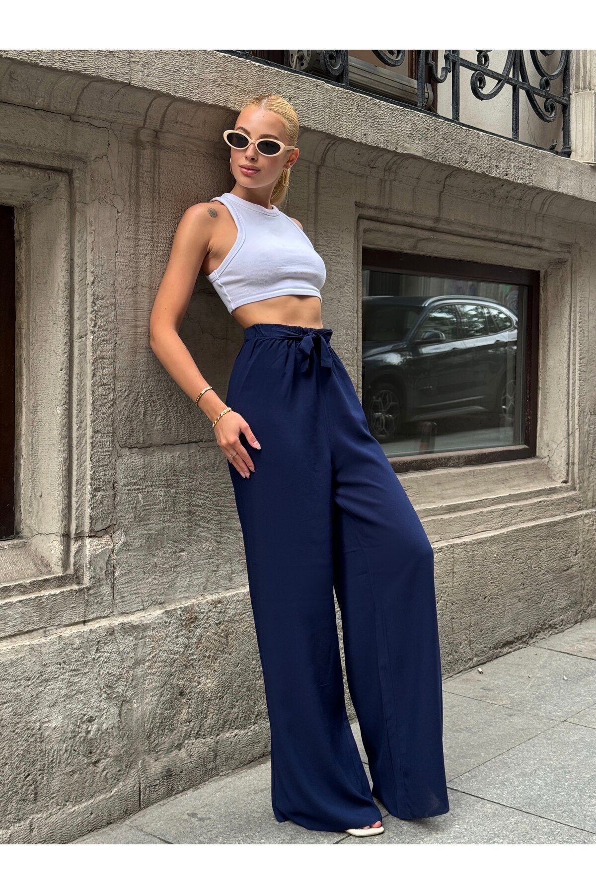 Kadın Yüksek Bel Kuşaklı %100 Viscose Pamuk Geniş Paça Şık Casual Büyük Beden Curve Pantolon