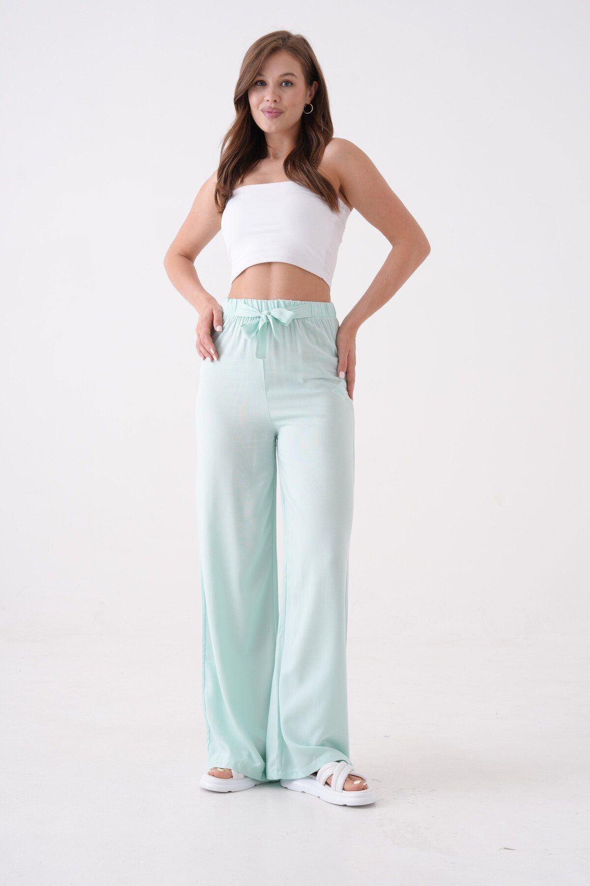 Kadın Yüksek Bel Kuşaklı %100 Viscose Pamuk Geniş Paça Şık Casual Büyük Beden Curve Pantolon