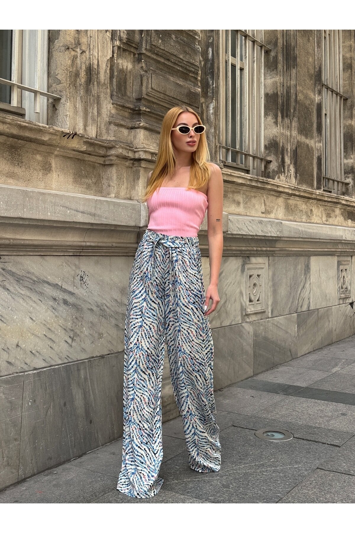 Kadın Yüksek Bel Kuşaklı Desenli %100 Viscose Pamuk Geniş Paça Şık Casual Büyük Beden Curve Pantolon