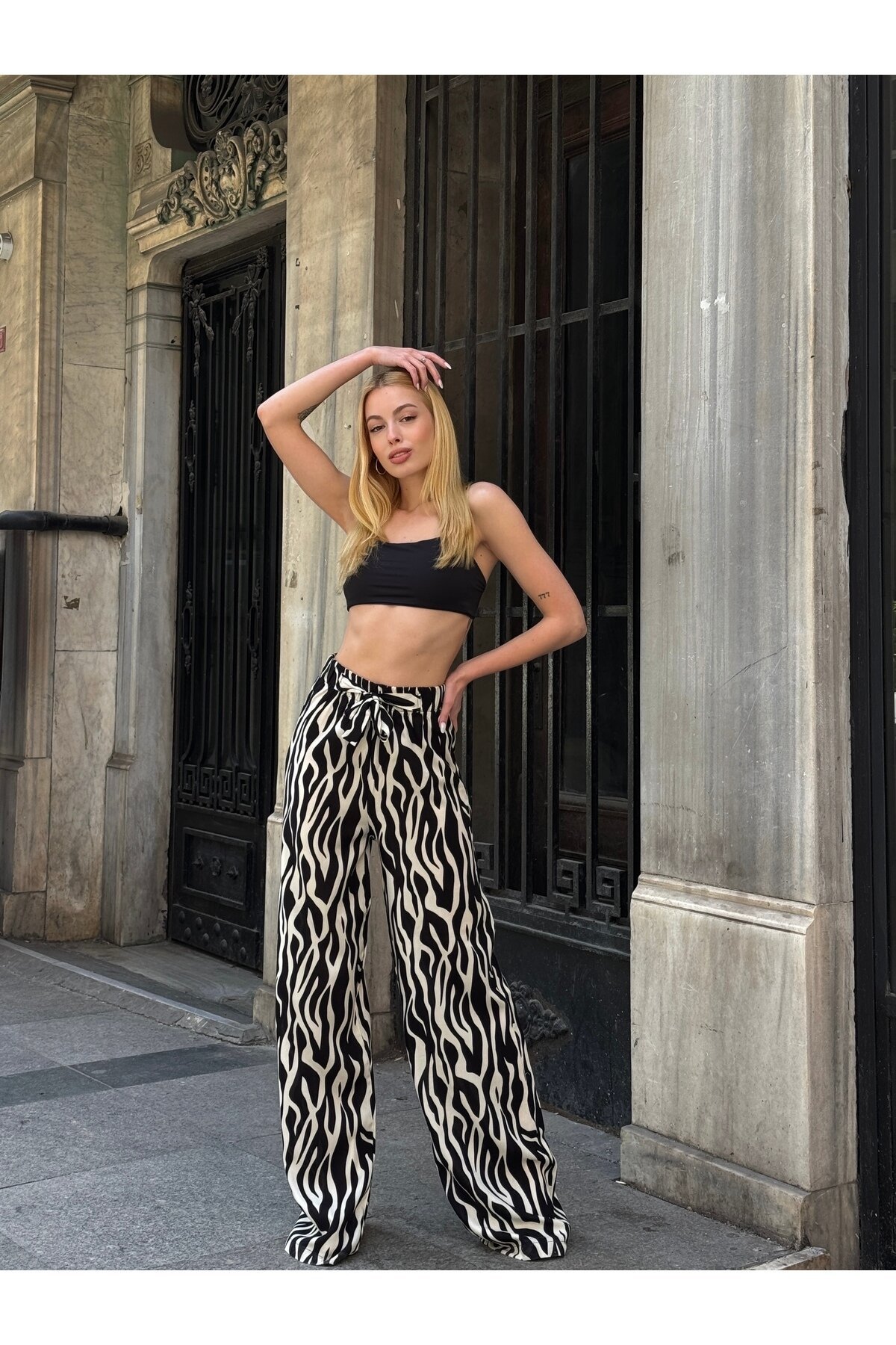 Kadın Yüksek Bel Kuşaklı Desenli %100 Viscose Pamuk Geniş Paça Şık Casual Büyük Beden Curve Pantolon