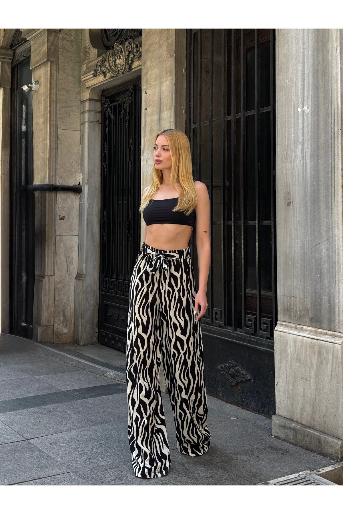 Kadın Yüksek Bel Kuşaklı Desenli %100 Viscose Pamuk Geniş Paça Şık Casual Büyük Beden Curve Pantolon