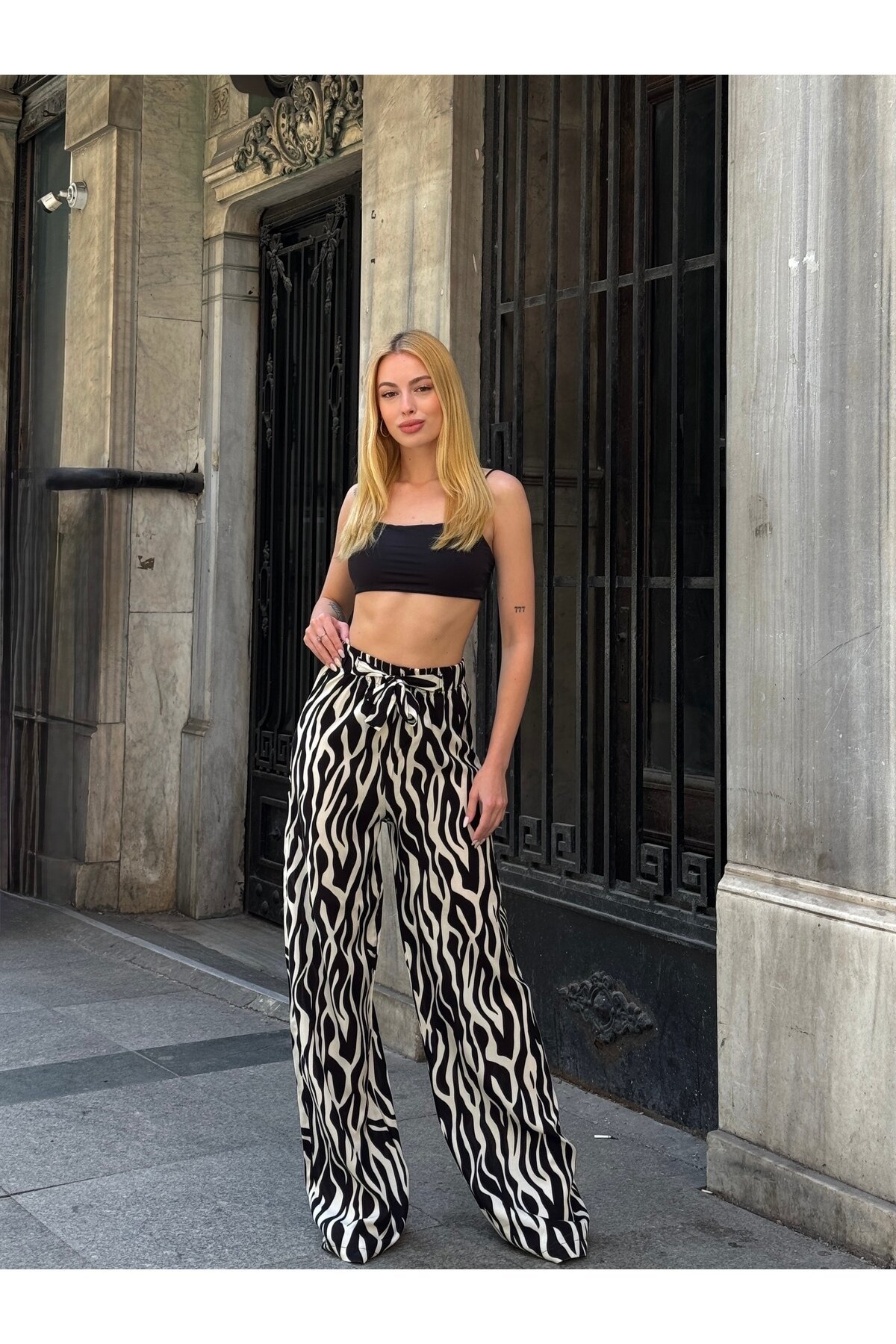 Kadın Yüksek Bel Kuşaklı Desenli %100 Viscose Pamuk Geniş Paça Şık Casual Büyük Beden Curve Pantolon