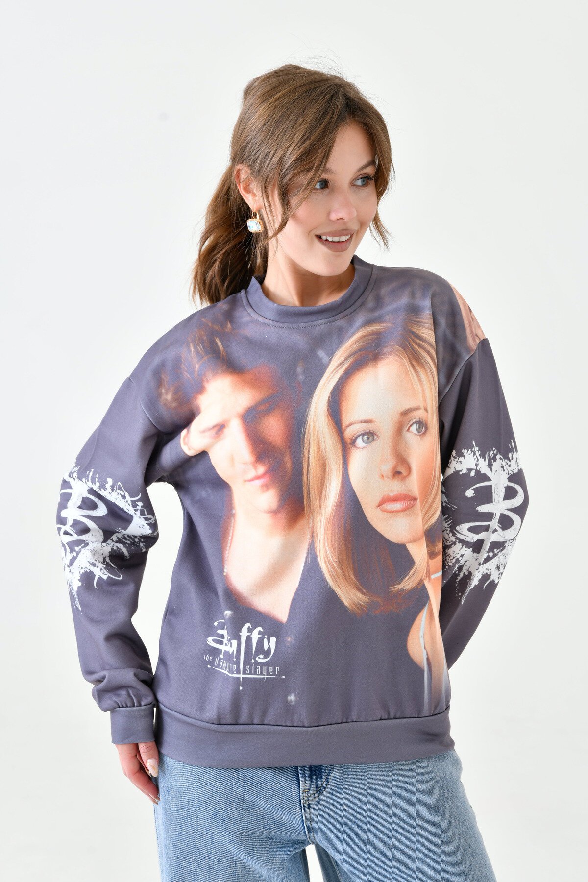 Kadın Yüz Baskılı Oversize Geniş Kalıp Desenli Curve Sweatshirt