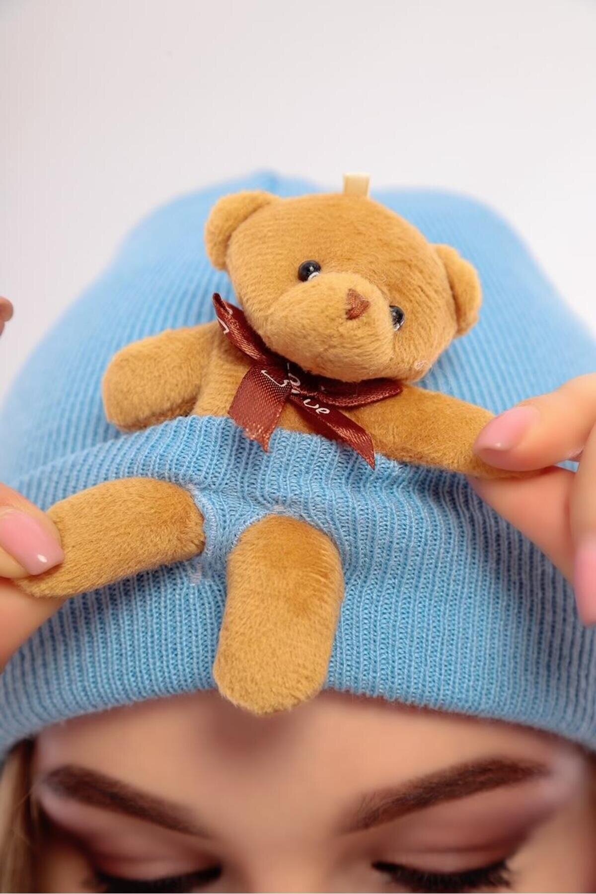 Unisex Ayılı Spor Şık Tasarım Hediyelik Bebe Mavisi Bere