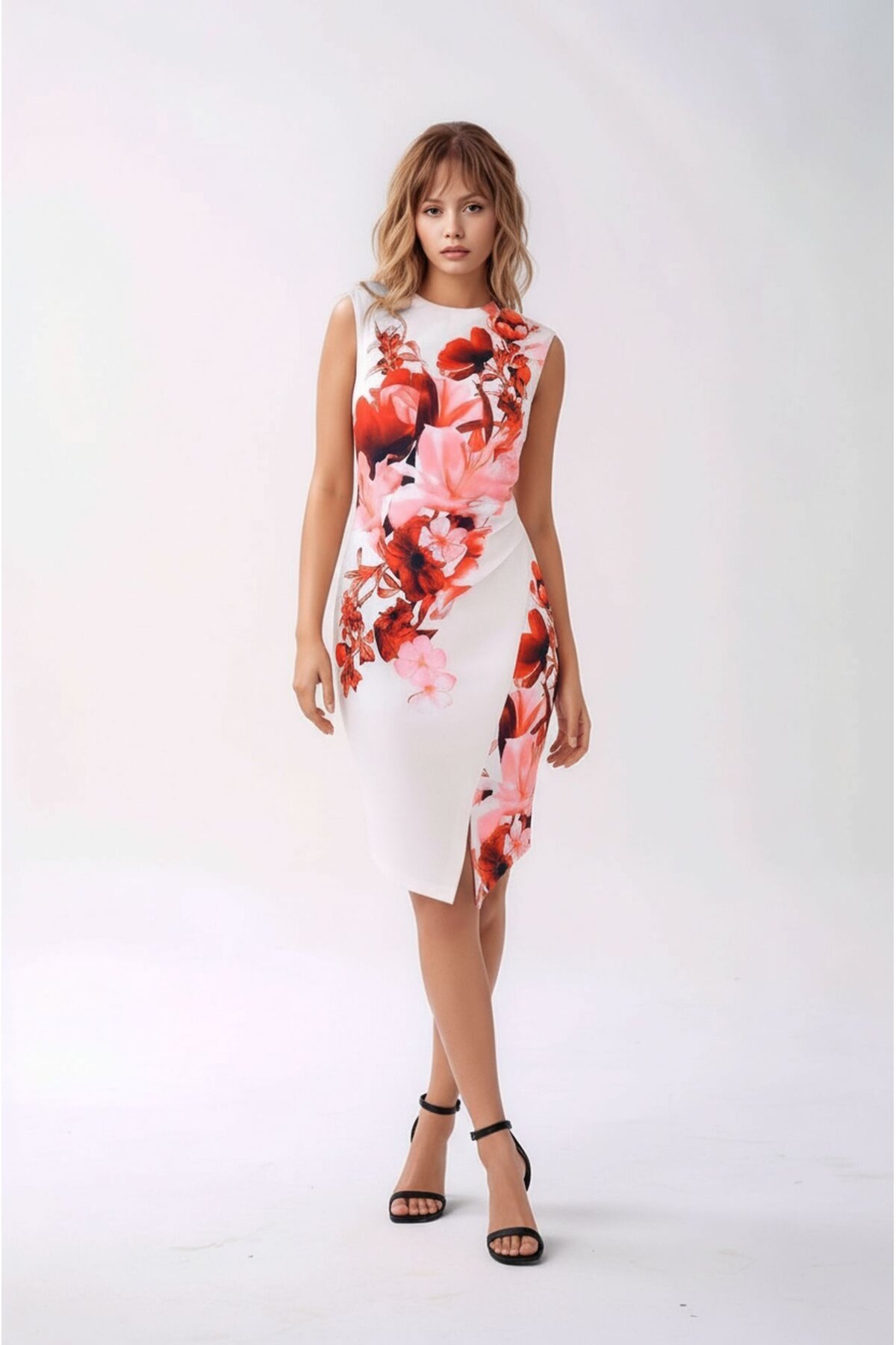 Kadın Asimetrik Etek Yırtmaçlı Çiçekli Büyük Beden Curve Şık Kolsuz Elbise