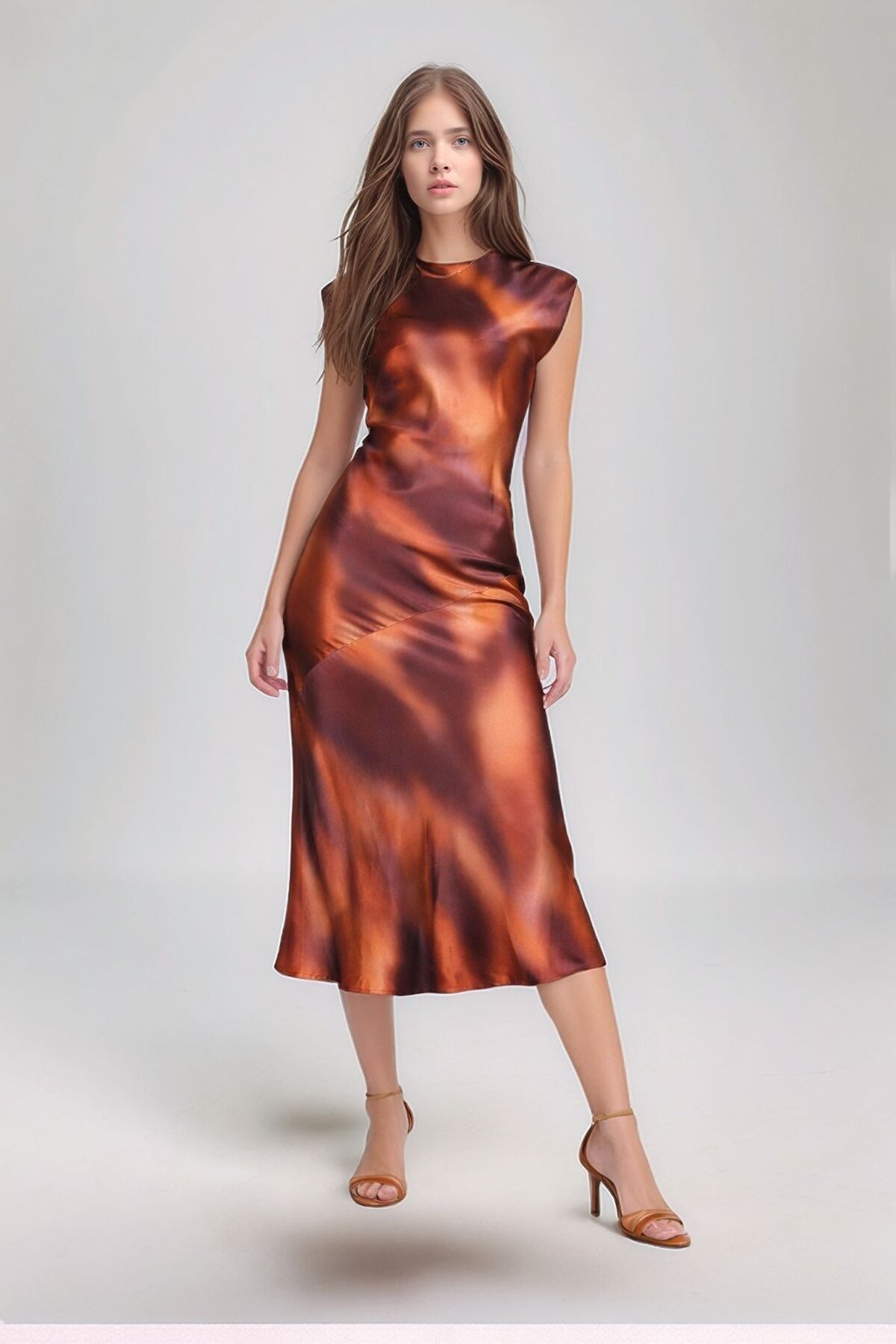 Kadın Ay Kol Bisiklet Yaka Asimetrik Etek Saten Şık Midi Gece Elbisesi